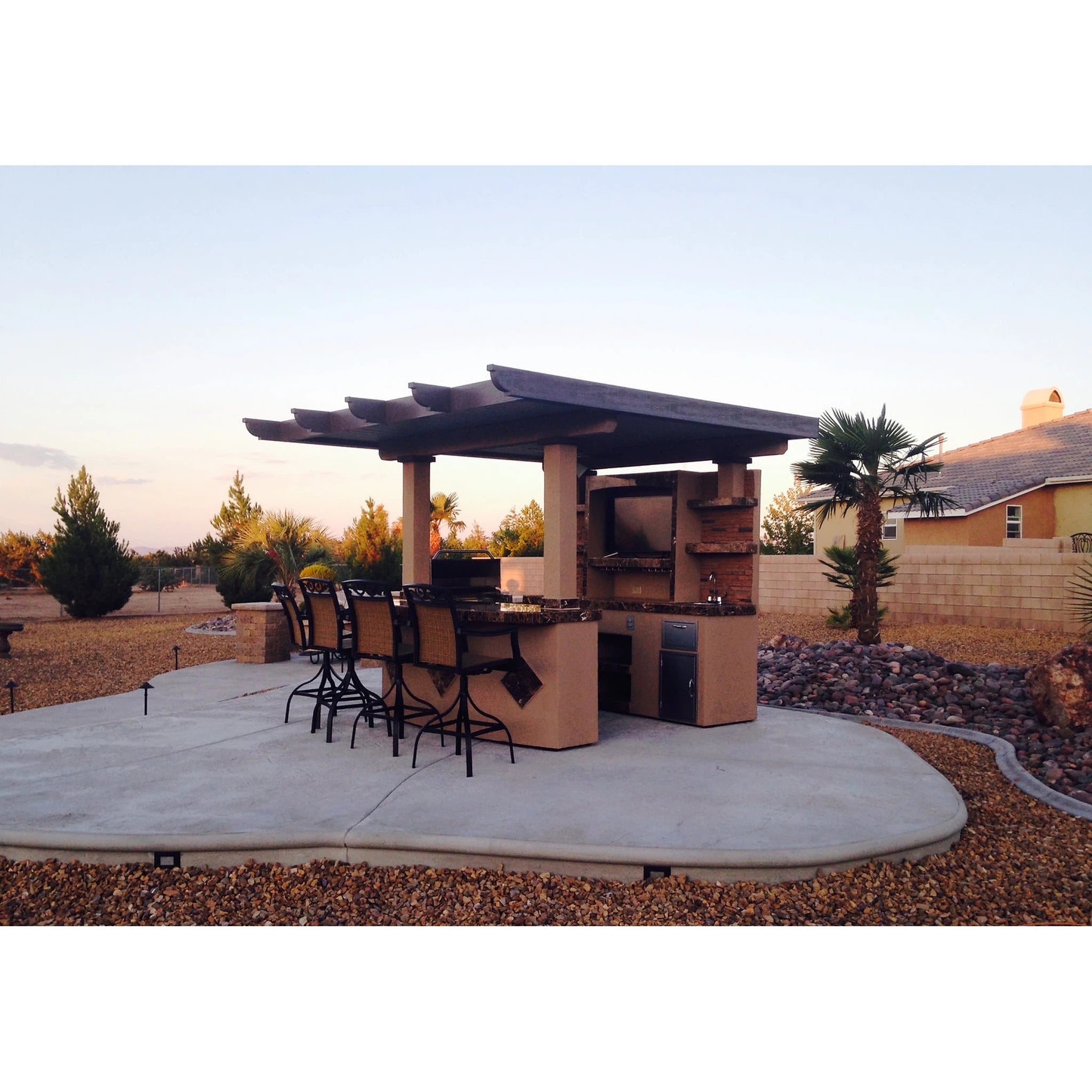 KoKoMo Outdoor Kitchen T.V. Media Wall with Pergola and Outdoor Bar Seating BBQ Island