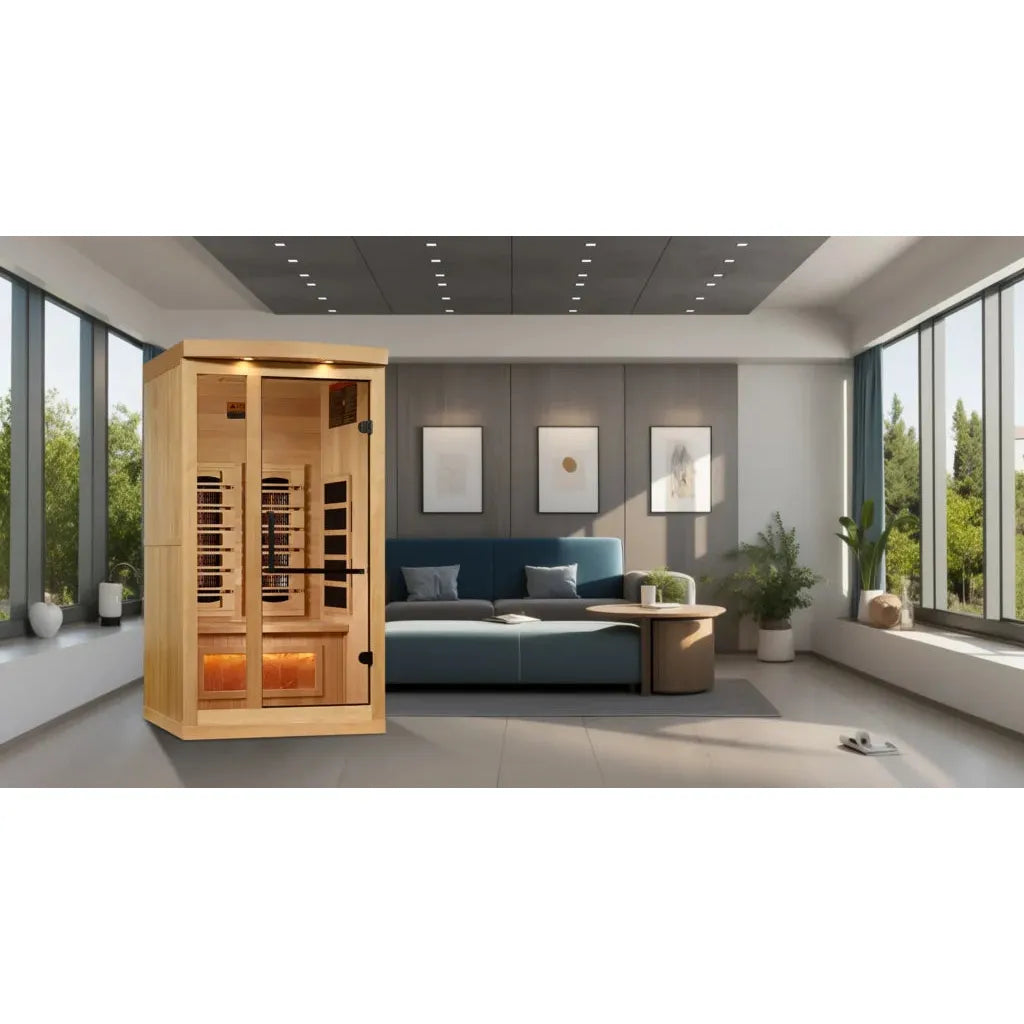 Golden Designs 1-2 Person Full Spectrum PureTech™ Near Zero EMF FAR Infrared Sauna with Himalayan Salt Bar (Canadian Hemlock)