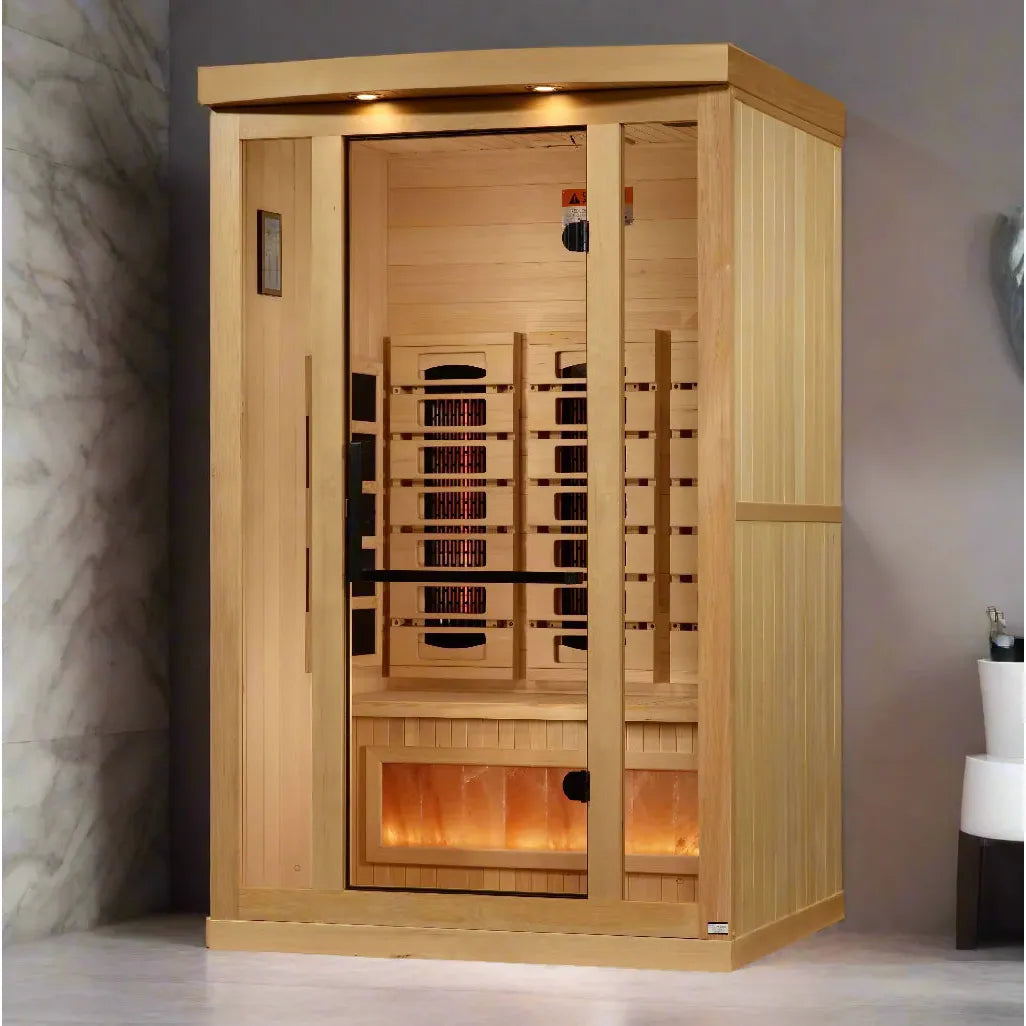 Golden Designs 1-2 Person Full Spectrum PureTech™ Near Zero EMF FAR Infrared Sauna with Himalayan Salt Bar (Canadian Hemlock)