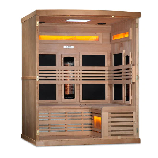 Golden Designs 3-Person Full Spectrum PureTech Near Zero EMF FAR Infrared Sauna with Himalayan Salt Bar