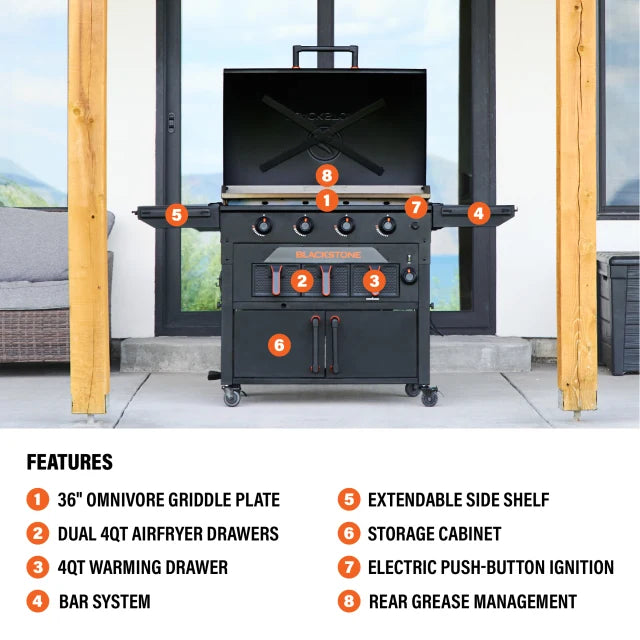 Blackstone 36 Inch Original Griddle Air Fryer Combo with Hood, 4 Burners & Omnivore Griddle Plate