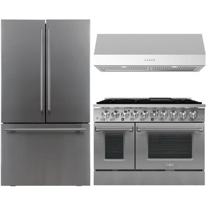 Forte 3 Piece Kitchen Appliances Package with 36" French Door Refrigerator, 48" Gas Range and 48" Under Cabinet Convertible Hood in Stainless Steel