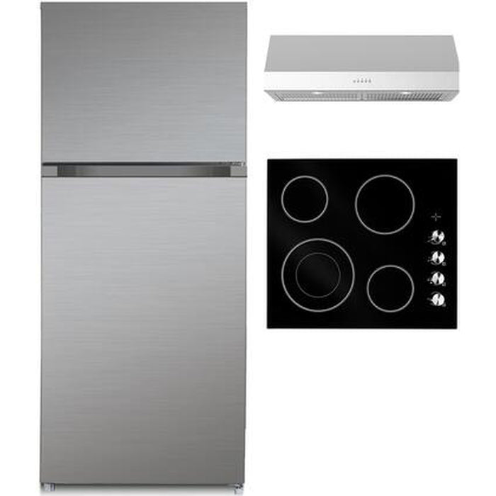 Forte 3 Piece Kitchen Appliances Package with F15TFRESSS 28" Top Freezer Refrigerator, F24CC4B 24" Electric Smoothtop Style Cooktop and LUCCA24 24" Under Cabinet Convertible Hood in Stainless Steel