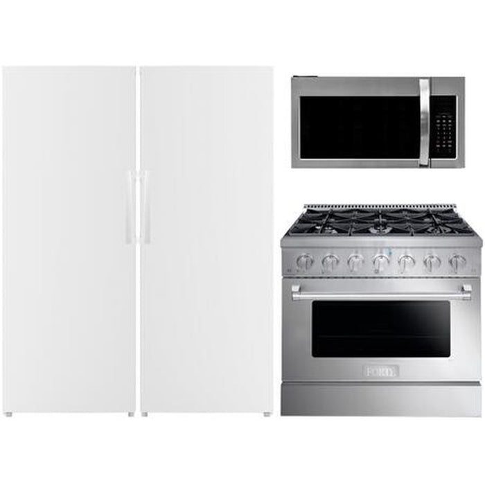 Forte 4 Piece Kitchen Appliances Package with F14ARESWW 28" Refrigerator, F14UFESWW 28" Freezer, FGR366BSS 36" Gas Range and F3015MVC5SS 30" Over the Range Convection Microwave in Stainless Steel