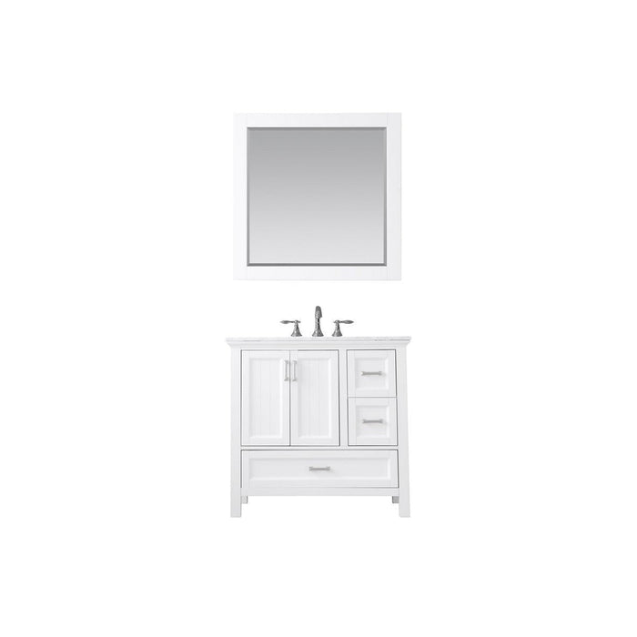 Isla 36" Single Bathroom Vanity Set in White and Carrara White Marble Countertop with Mirror