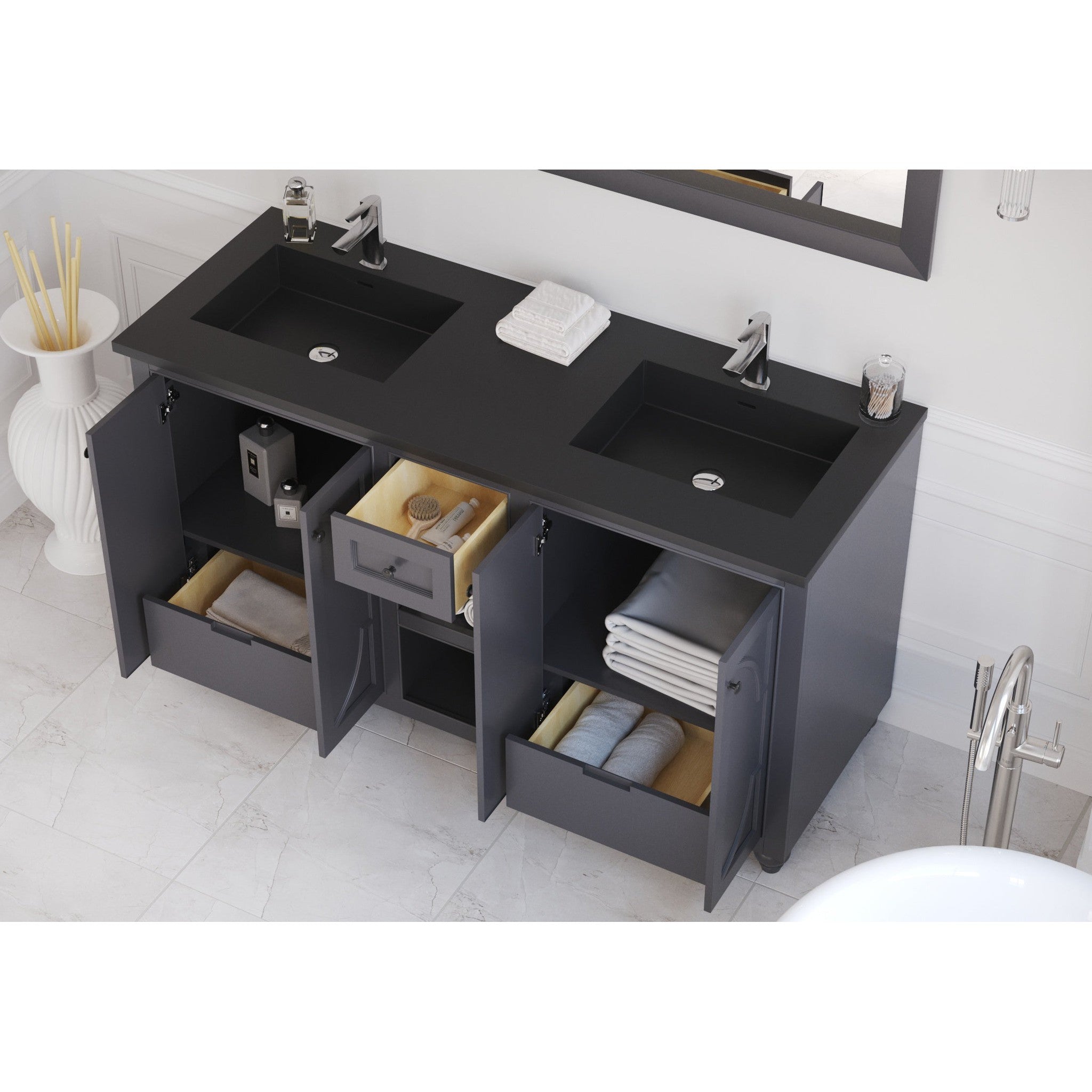 Odyssey 60" Maple Grey Double Sink Bathroom Vanity with Matte Black VIVA Stone Solid Surface Countertop