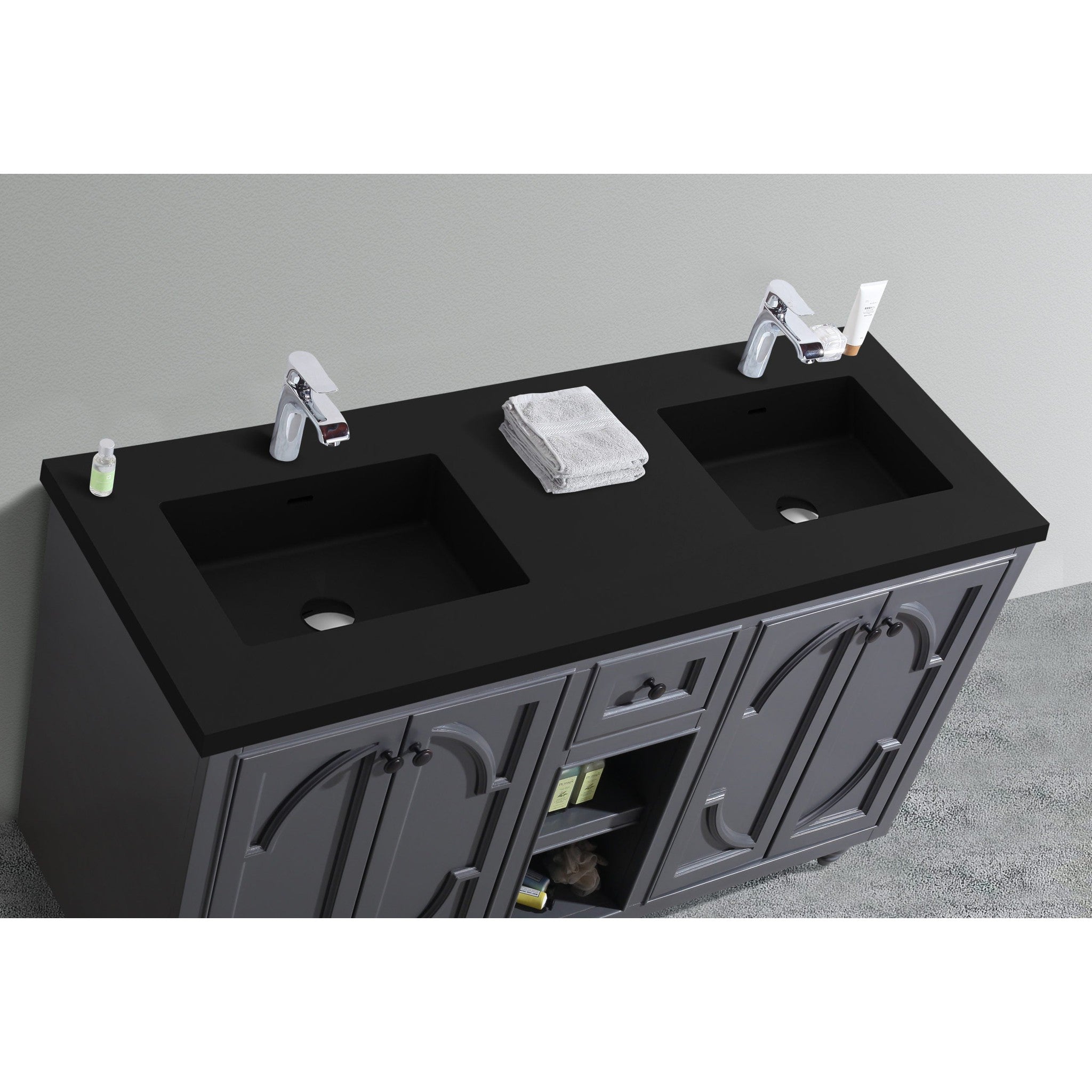 Odyssey 60" Maple Grey Double Sink Bathroom Vanity with Matte Black VIVA Stone Solid Surface Countertop