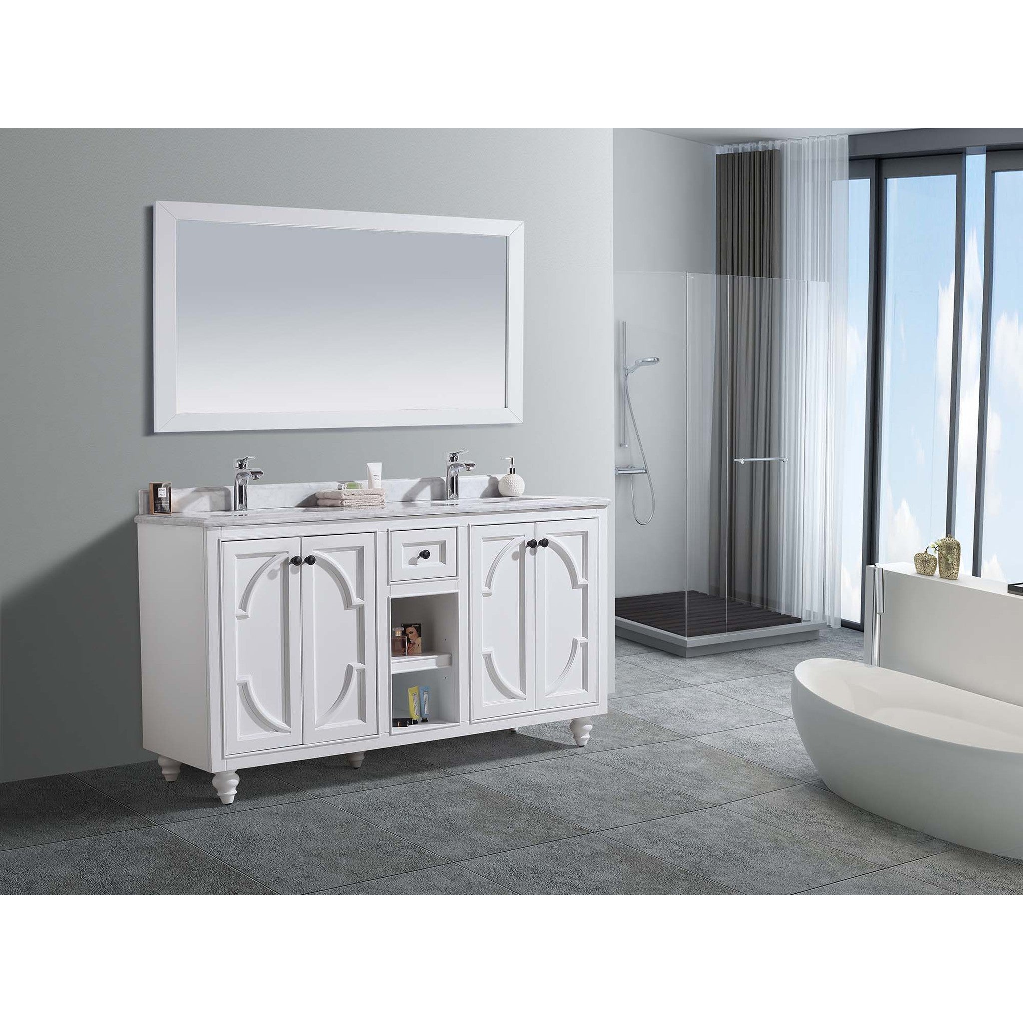 Odyssey 60" White Double Sink Bathroom Vanity with White Carrara Marble Countertop