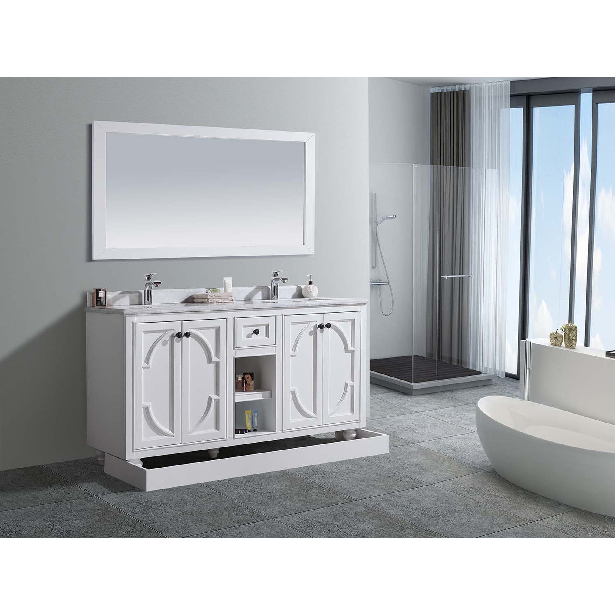 Odyssey 60" White Double Sink Bathroom Vanity with White Carrara Marble Countertop