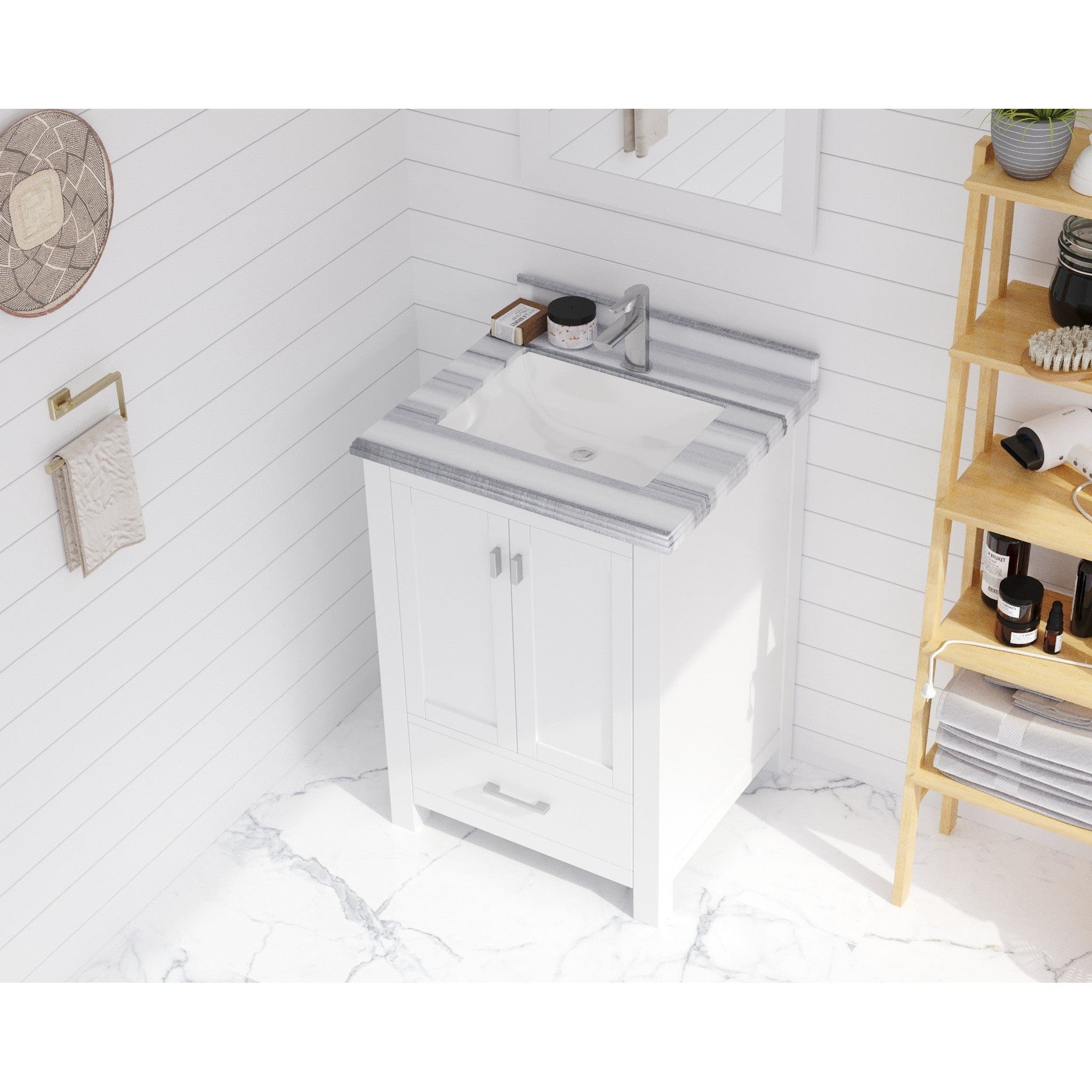 Wilson 24" White Bathroom Vanity with White Stripes Marble Countertop