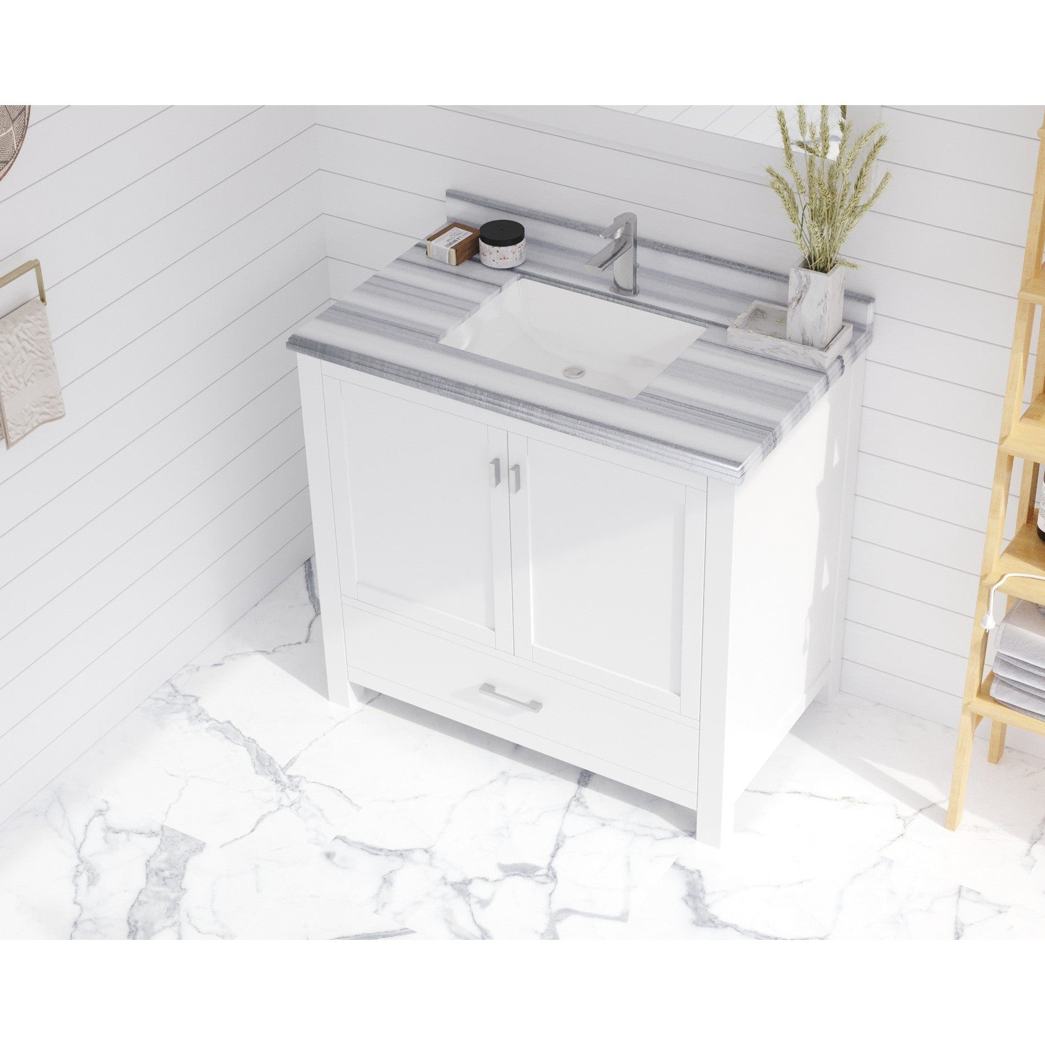 Wilson 36" White Bathroom Vanity with White Stripes Marble Countertop