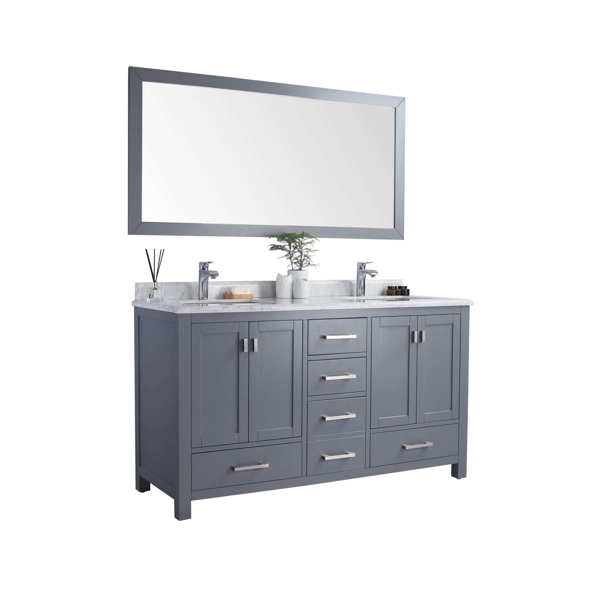 Wilson 60" Grey Double Sink Bathroom Vanity with White Carrara Marble Countertop