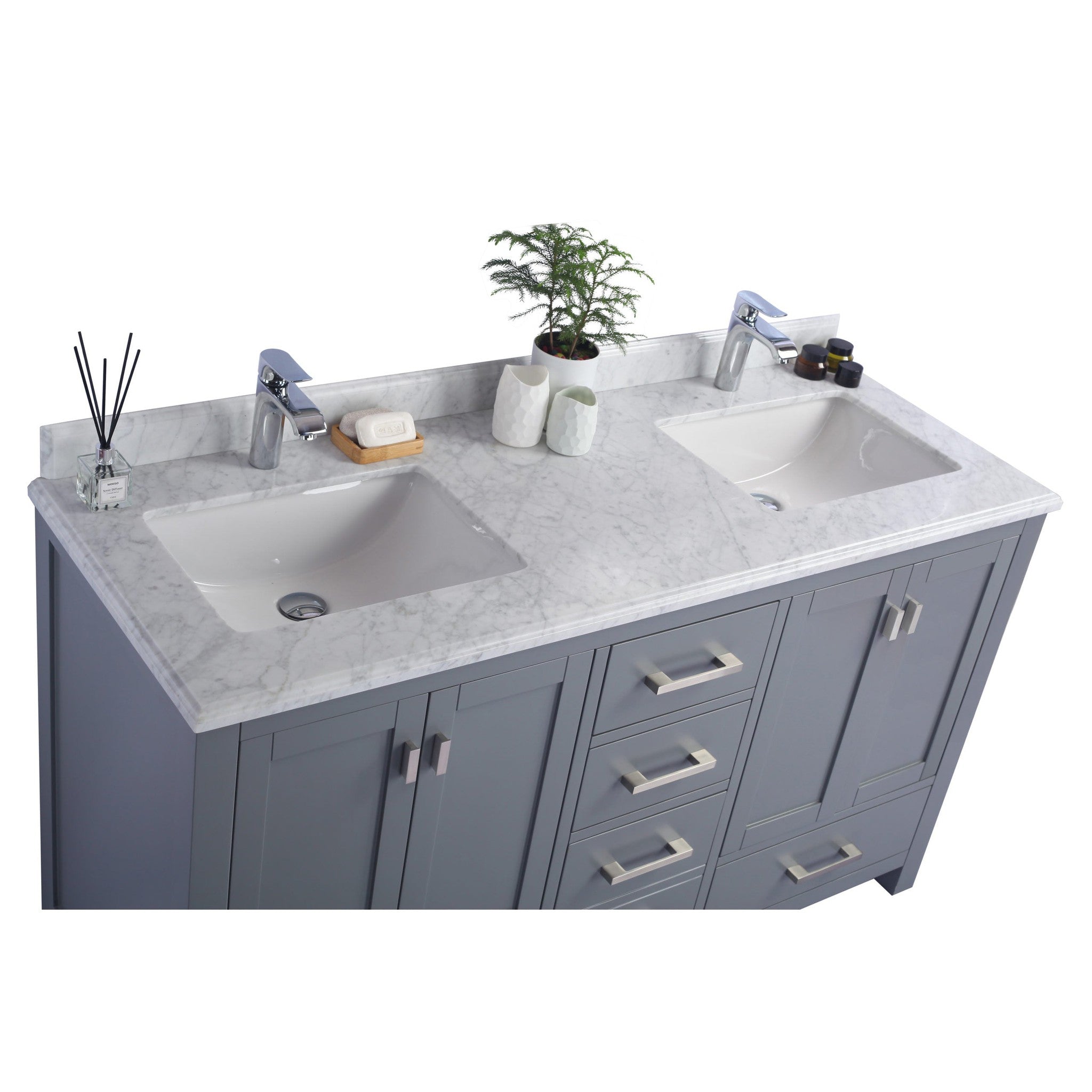 Wilson 60" Grey Double Sink Bathroom Vanity with White Carrara Marble Countertop