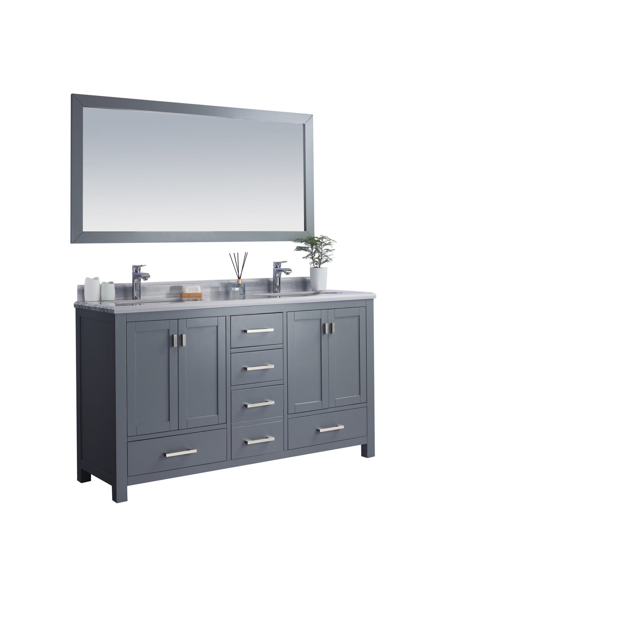 Wilson 60" Grey Double Sink Bathroom Vanity with White Stripes Marble Countertop