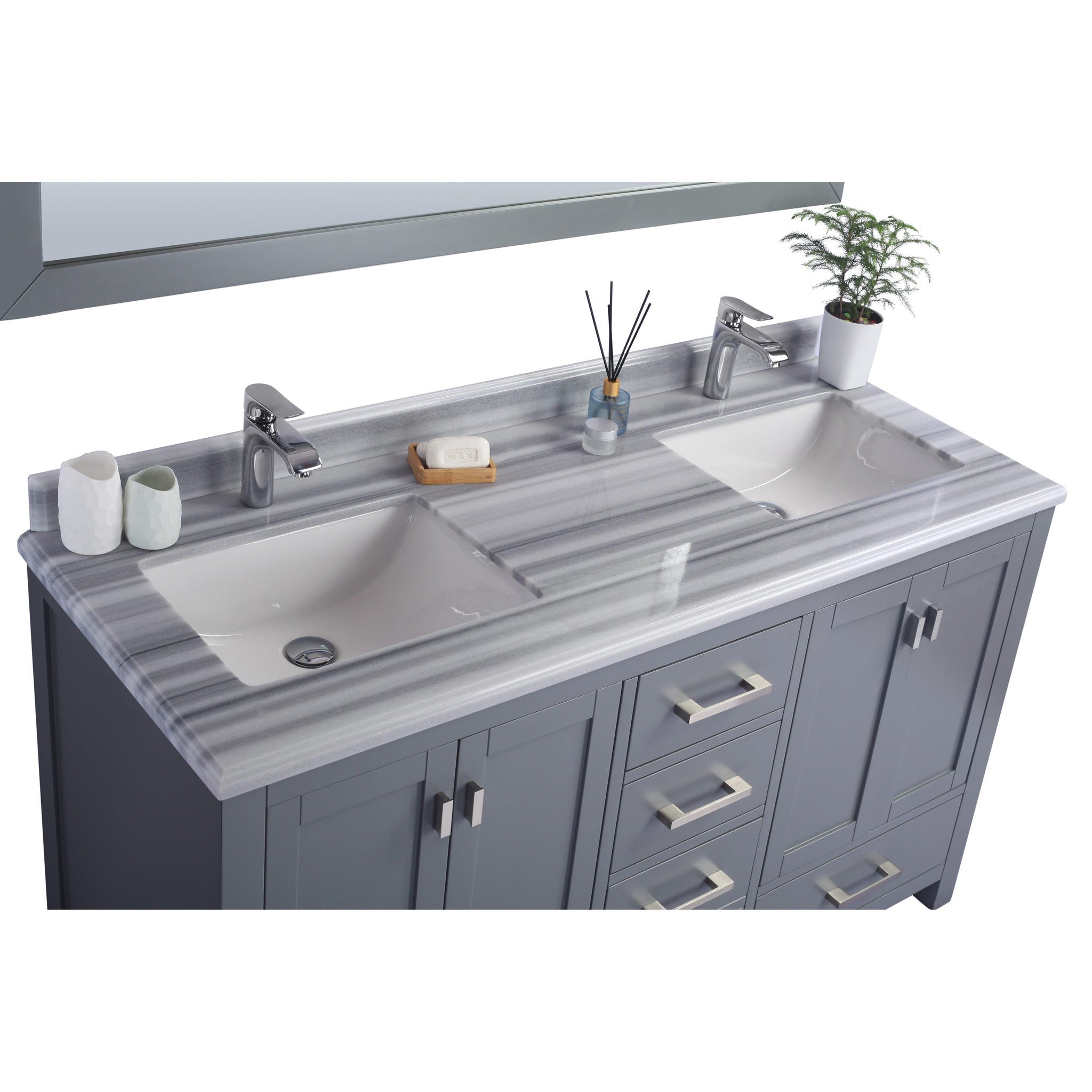 Wilson 60" Grey Double Sink Bathroom Vanity with White Stripes Marble Countertop