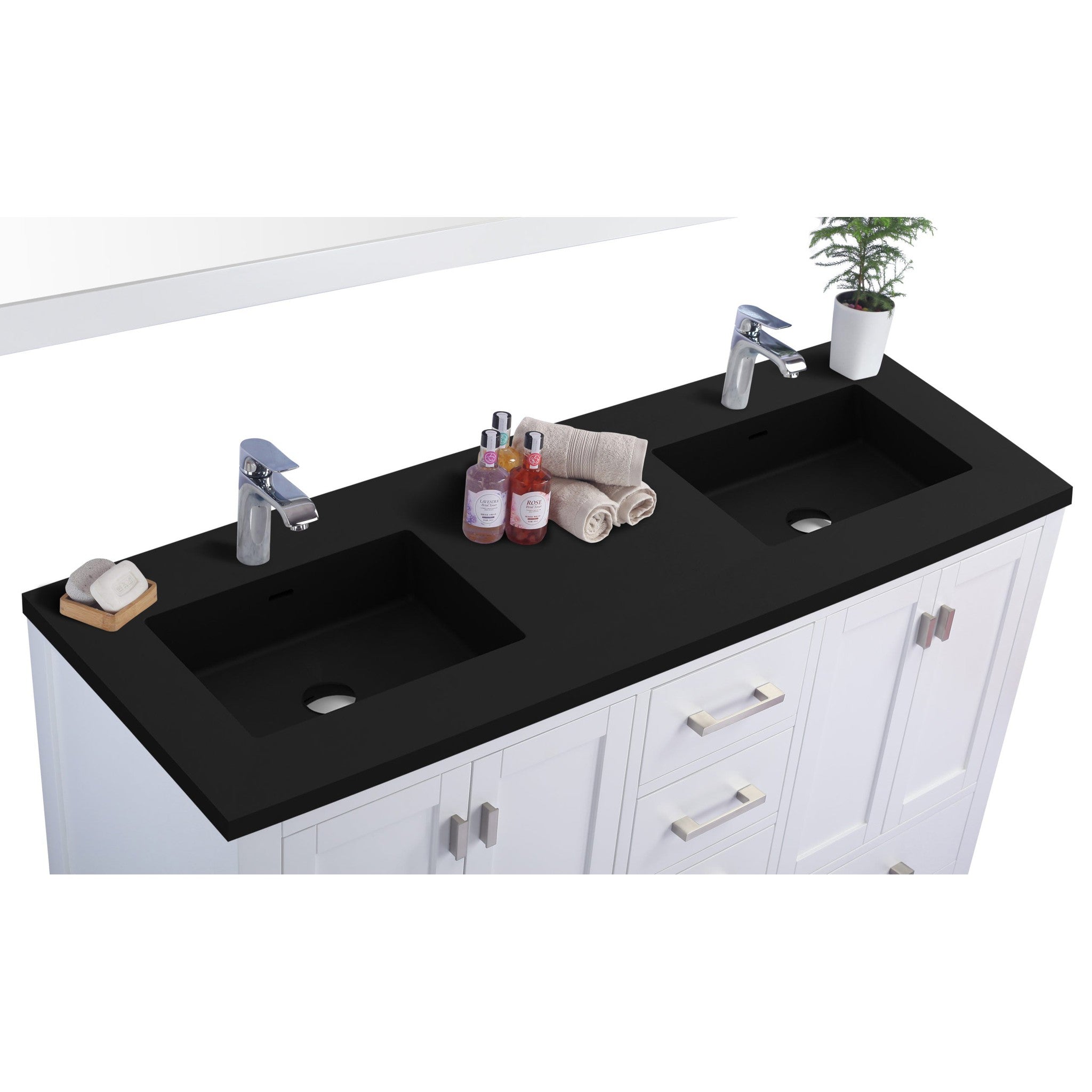 Wilson 60" White Double Sink Bathroom Vanity with Matte Black VIVA Stone Solid Surface Countertop
