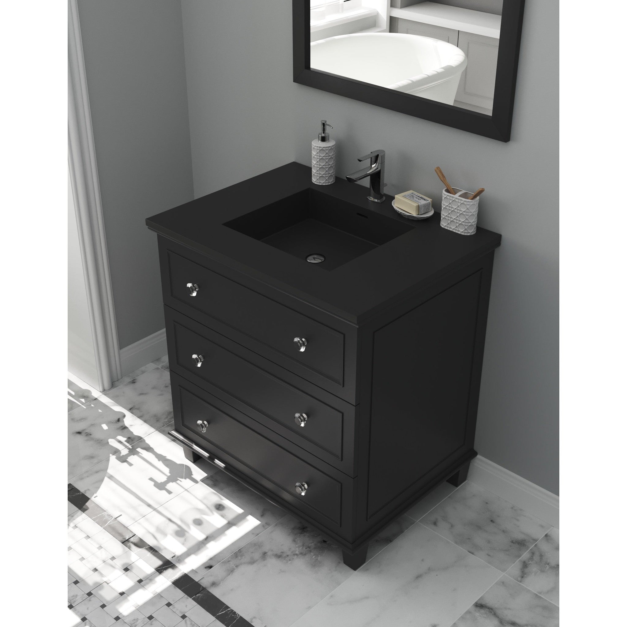 Luna 30" Espresso Bathroom Vanity with Matte Black VIVA Stone Solid Surface Countertop