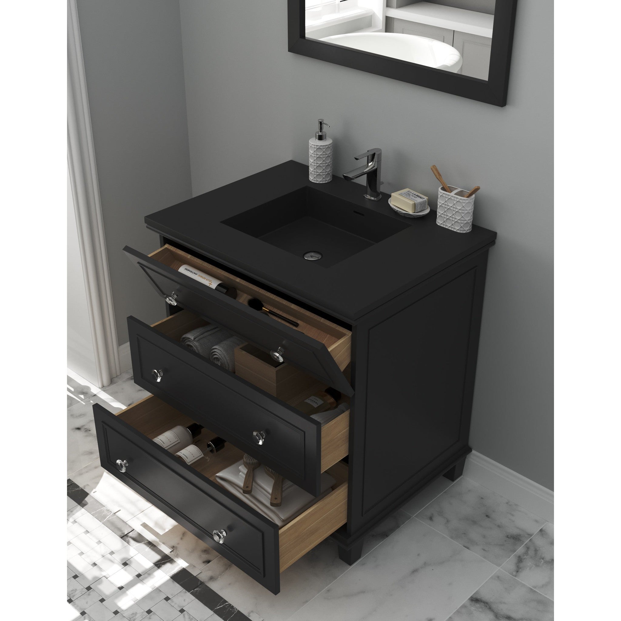 Luna 30" Espresso Bathroom Vanity with Matte Black VIVA Stone Solid Surface Countertop