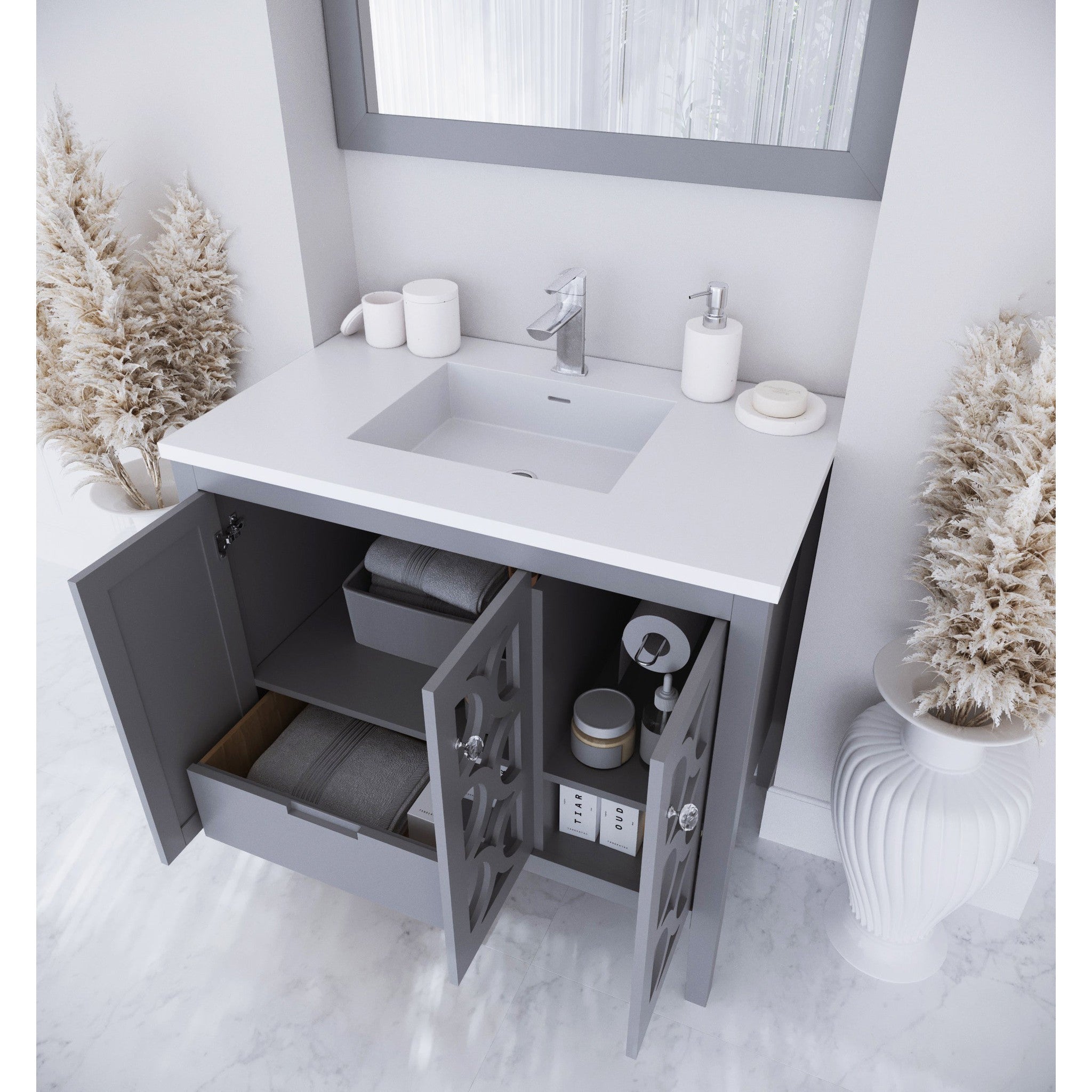 Mediterraneo 36" Grey Bathroom Vanity with Matte White VIVA Stone Solid Surface Countertop