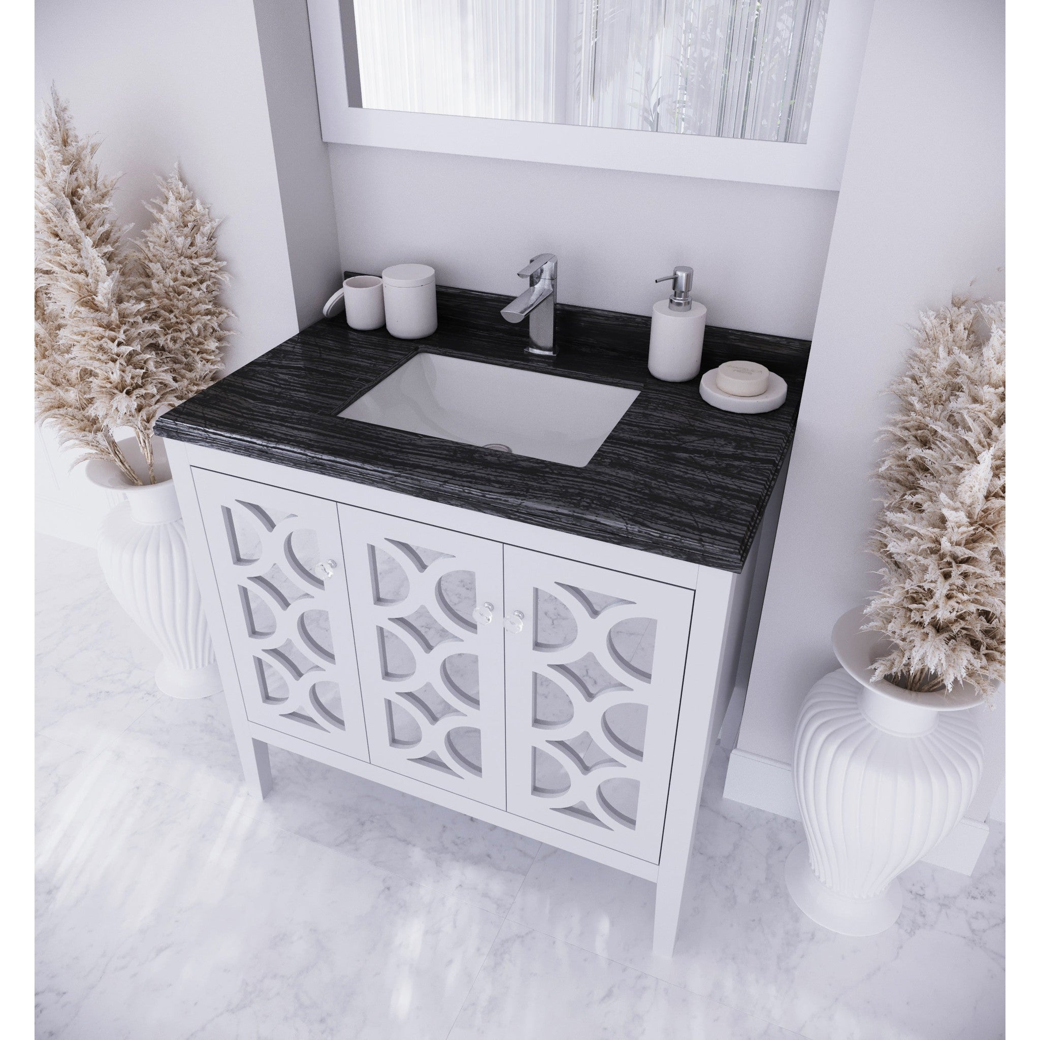 Mediterraneo 36" White Bathroom Vanity with Black Wood Marble Countertop