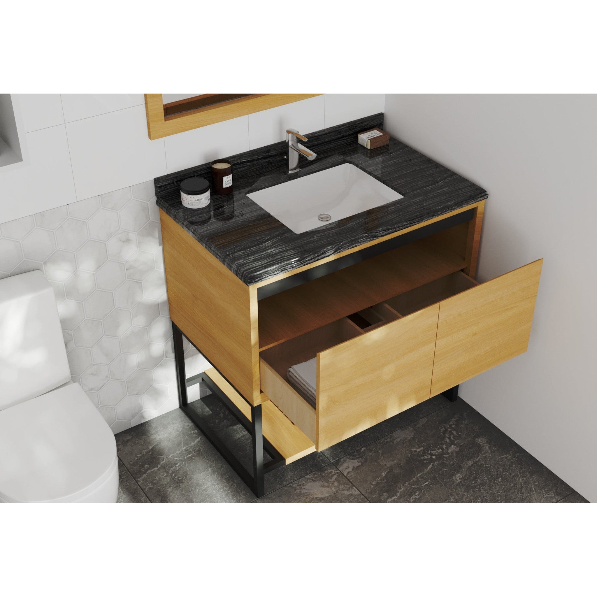 Alto 36" California White Oak Bathroom Vanity with Black Wood Marble Countertop