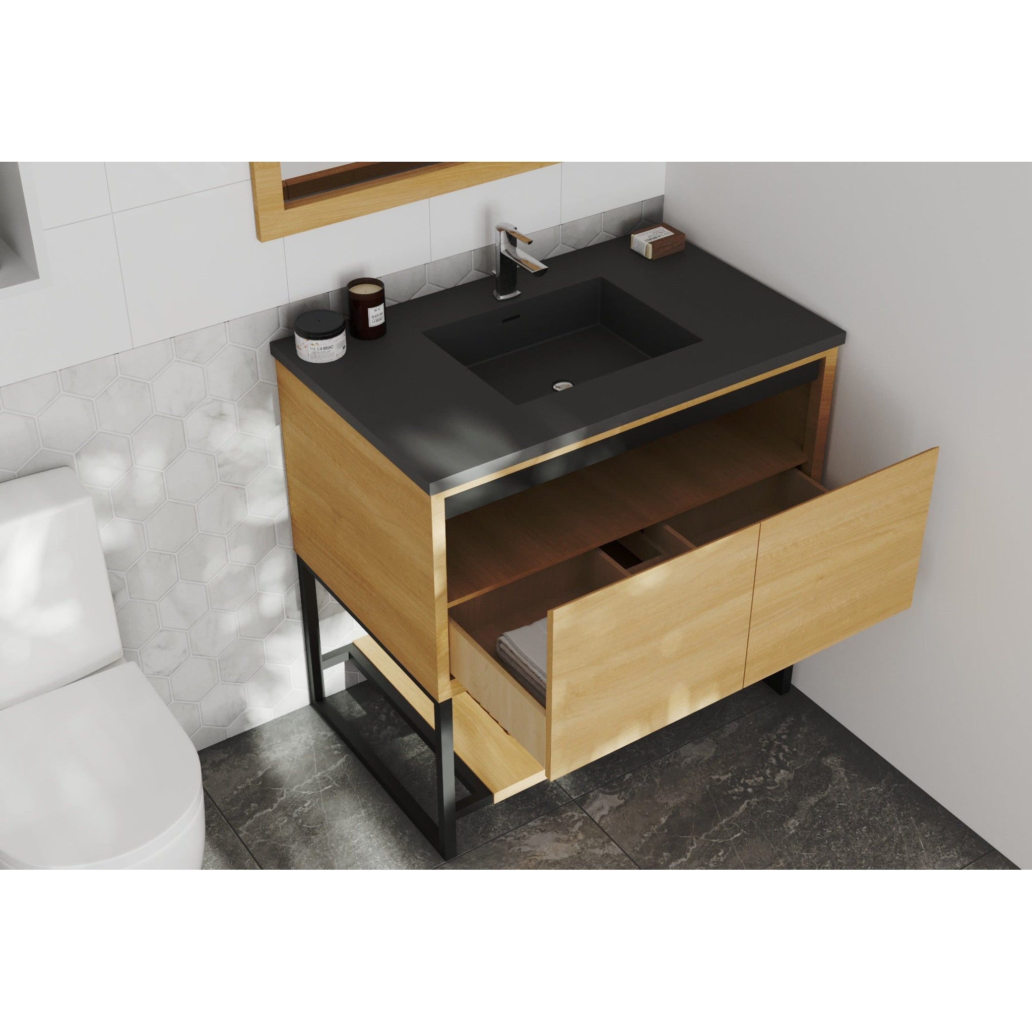 Alto 36" California White Oak Bathroom Vanity with Matte Black VIVA Stone Solid Surface Countertop