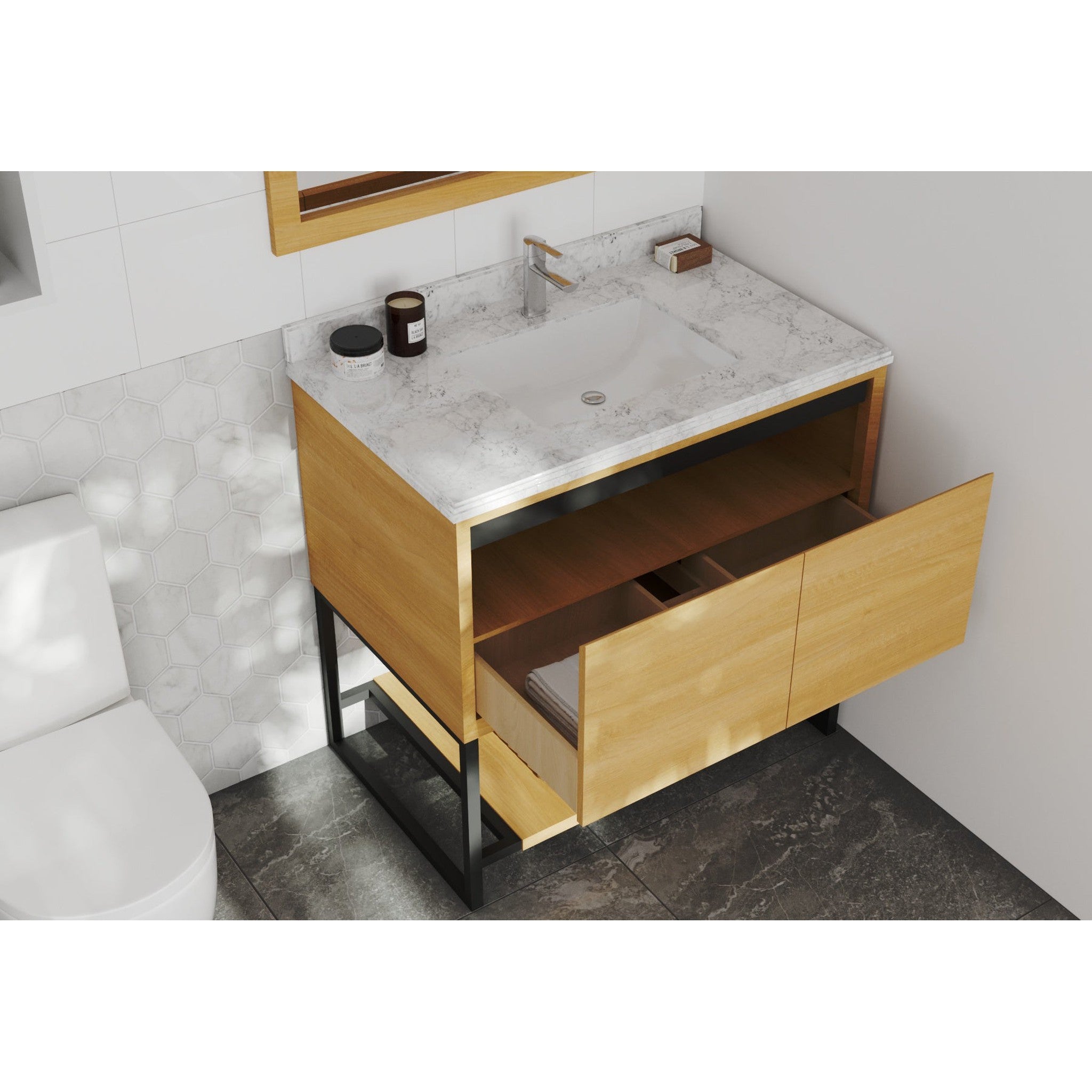 Alto 36" California White Oak Bathroom Vanity with White Carrara Marble Countertop