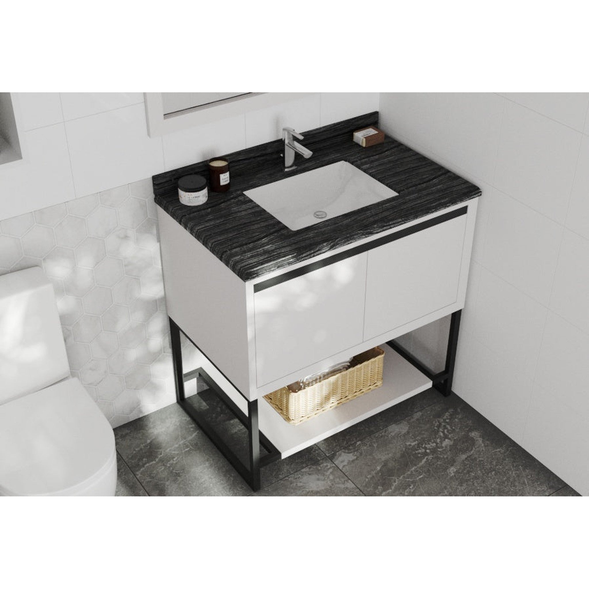 Alto 36" White Bathroom Vanity with Black Wood Marble Countertop