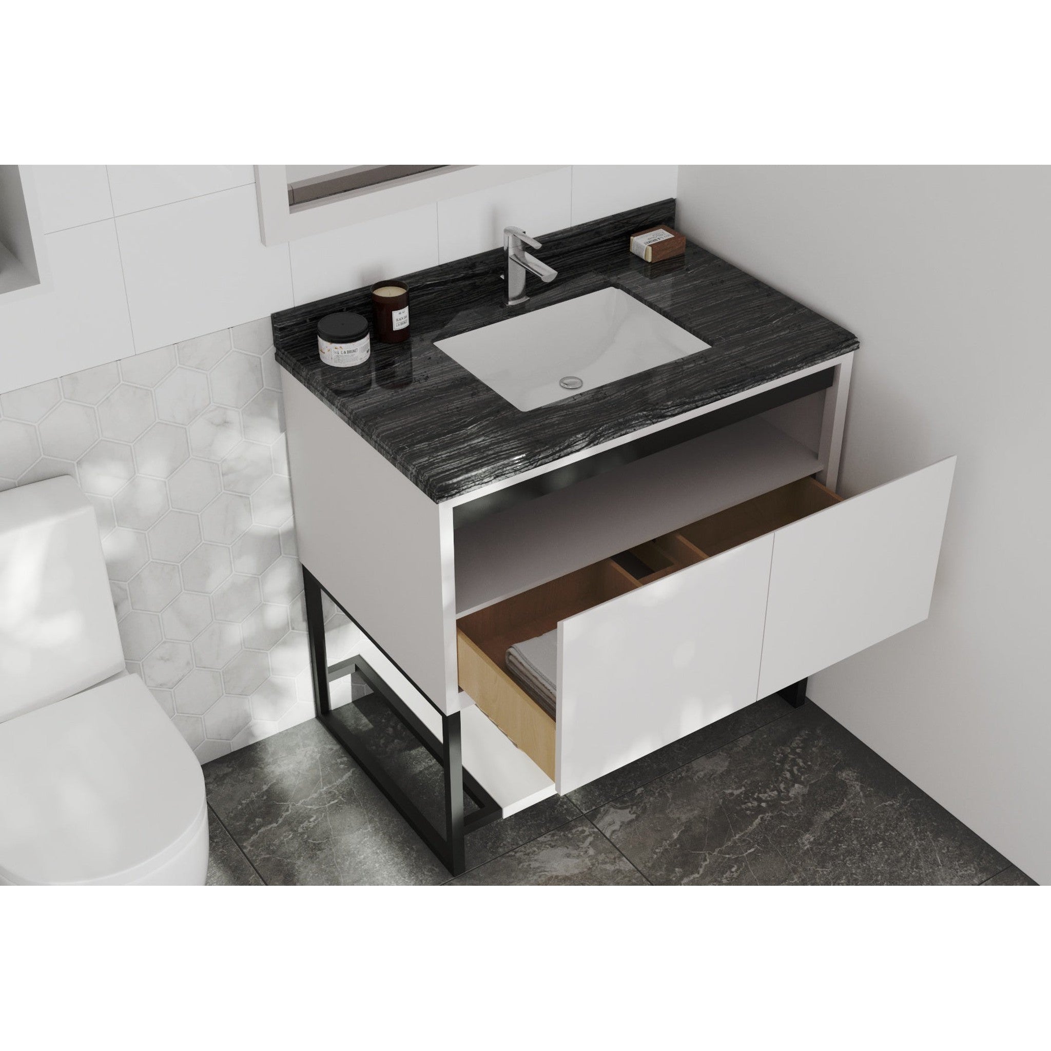 Alto 36" White Bathroom Vanity with Black Wood Marble Countertop