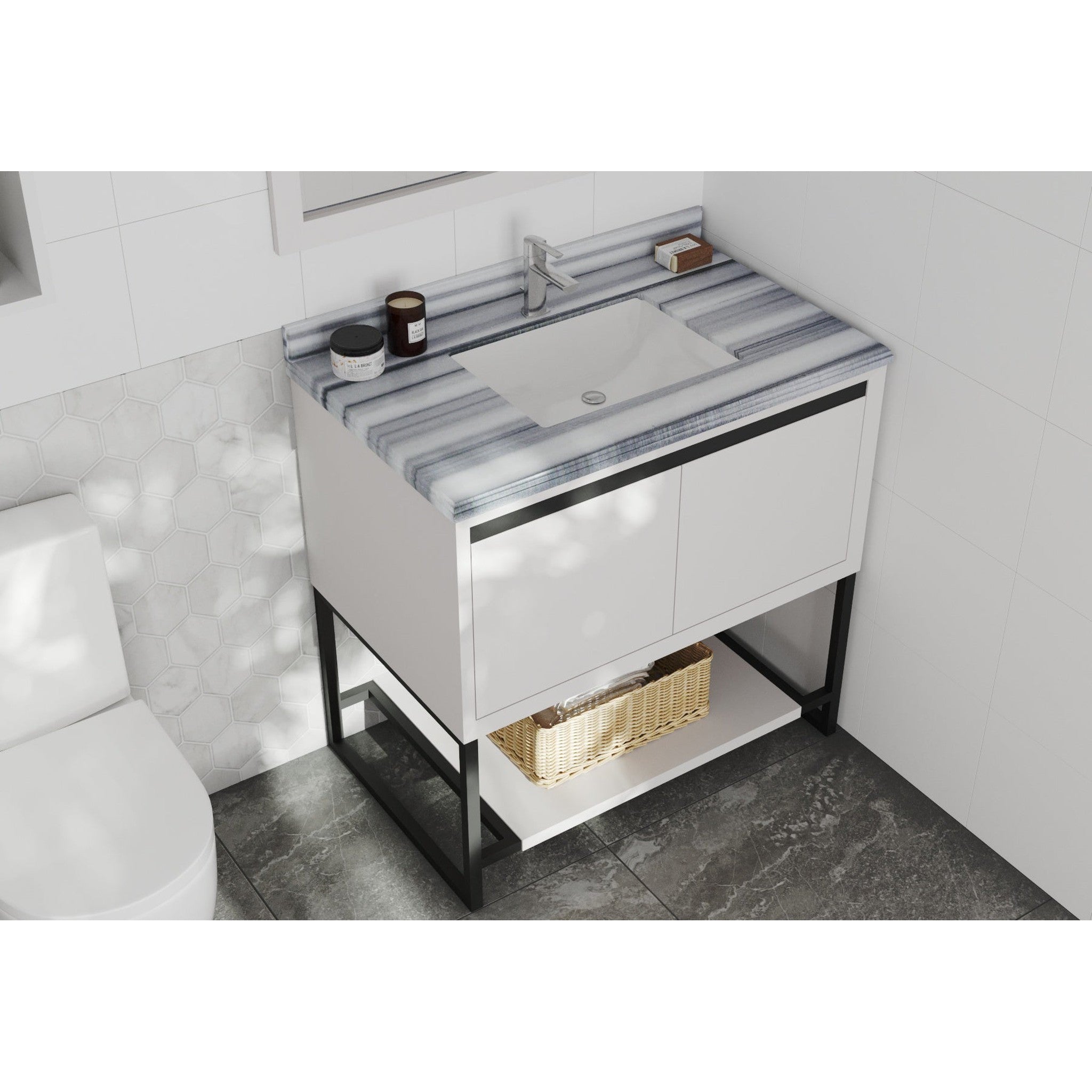 Alto 36" White Bathroom Vanity with White Stripes Marble Countertop