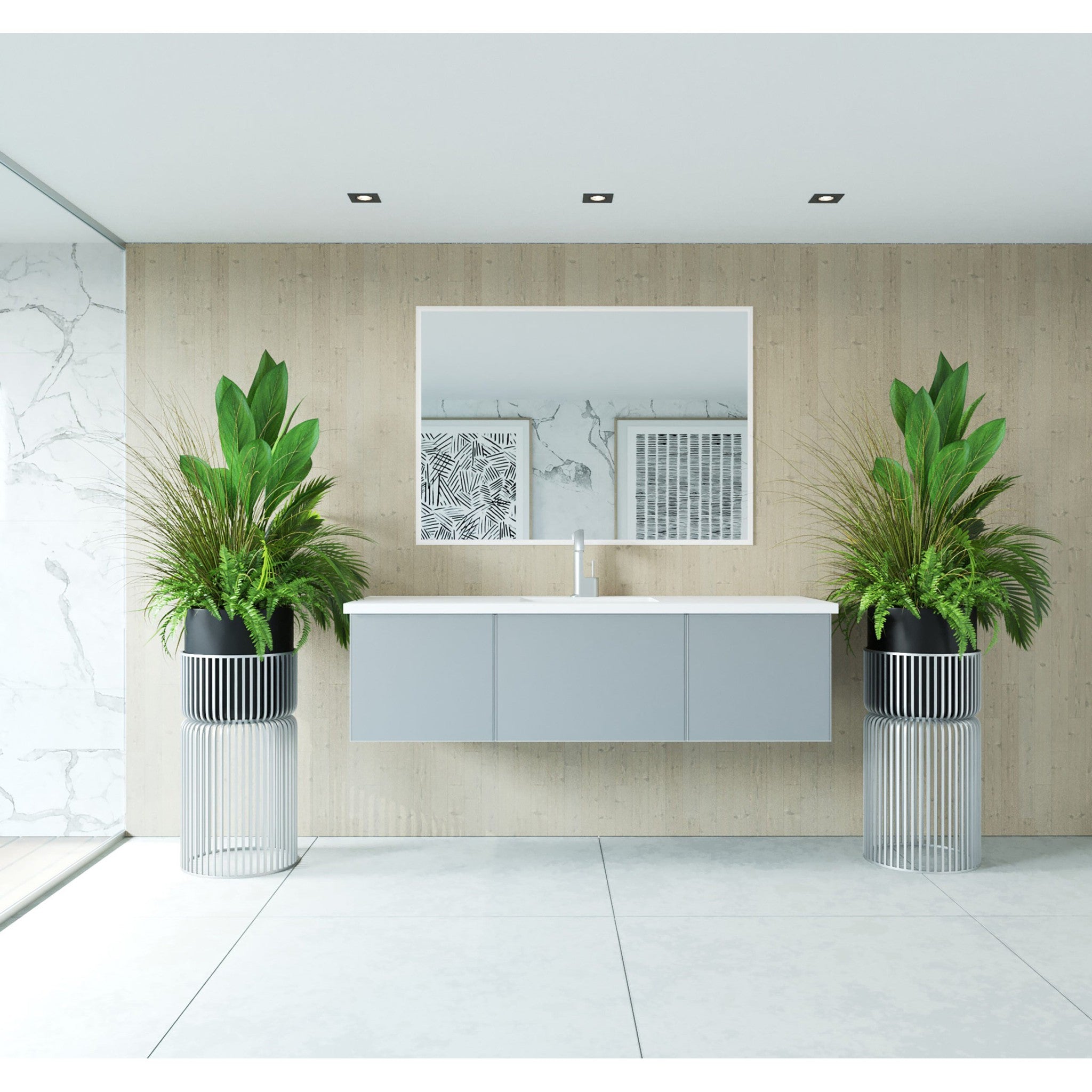 Vitri 60" Fossil Grey Single Sink Bathroom Vanity with VIVA Stone Matte White Solid Surface Countertop