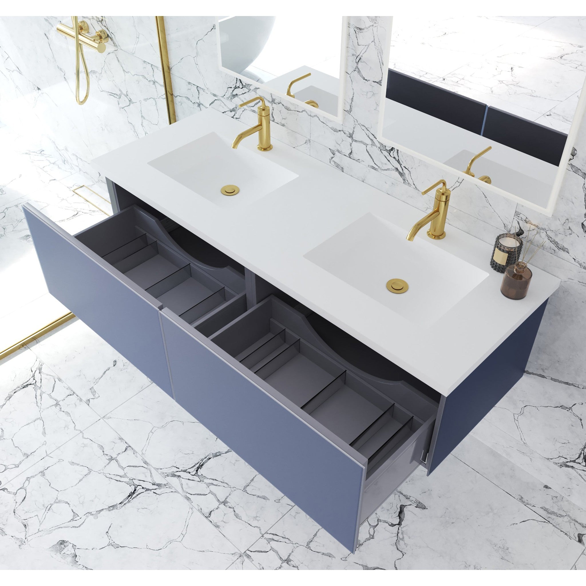 Vitri 60" Nautical Blue Double Sink Bathroom Vanity with VIVA Stone Matte White Solid Surface Countertop