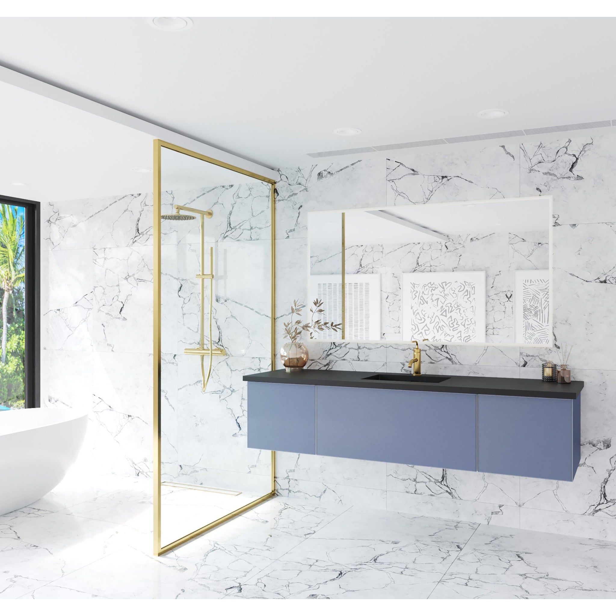 Vitri 72" Nautical Blue Single Sink Bathroom Vanity with VIVA Stone Matte Black Solid Surface Countertop