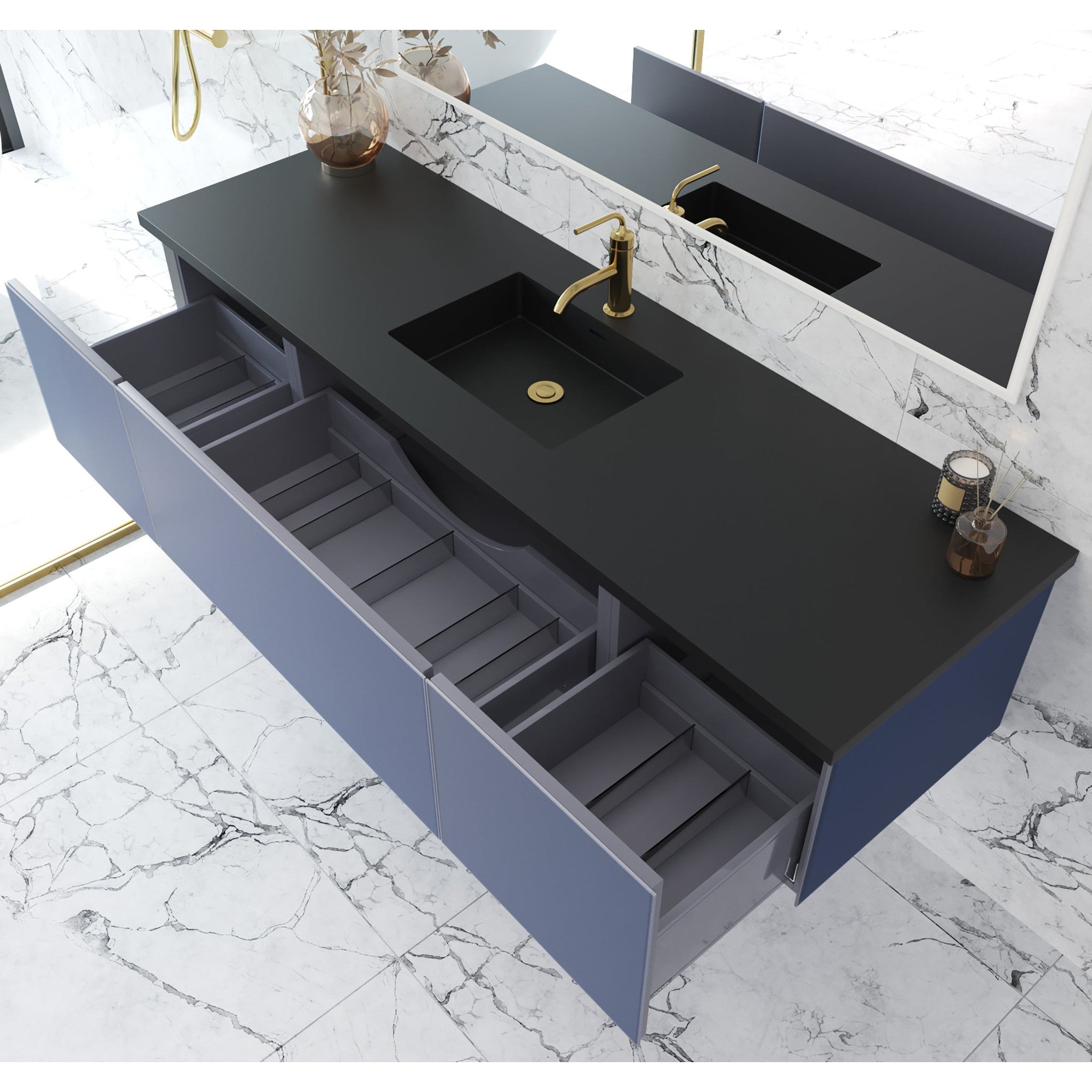 Vitri 72" Nautical Blue Single Sink Bathroom Vanity with VIVA Stone Matte Black Solid Surface Countertop