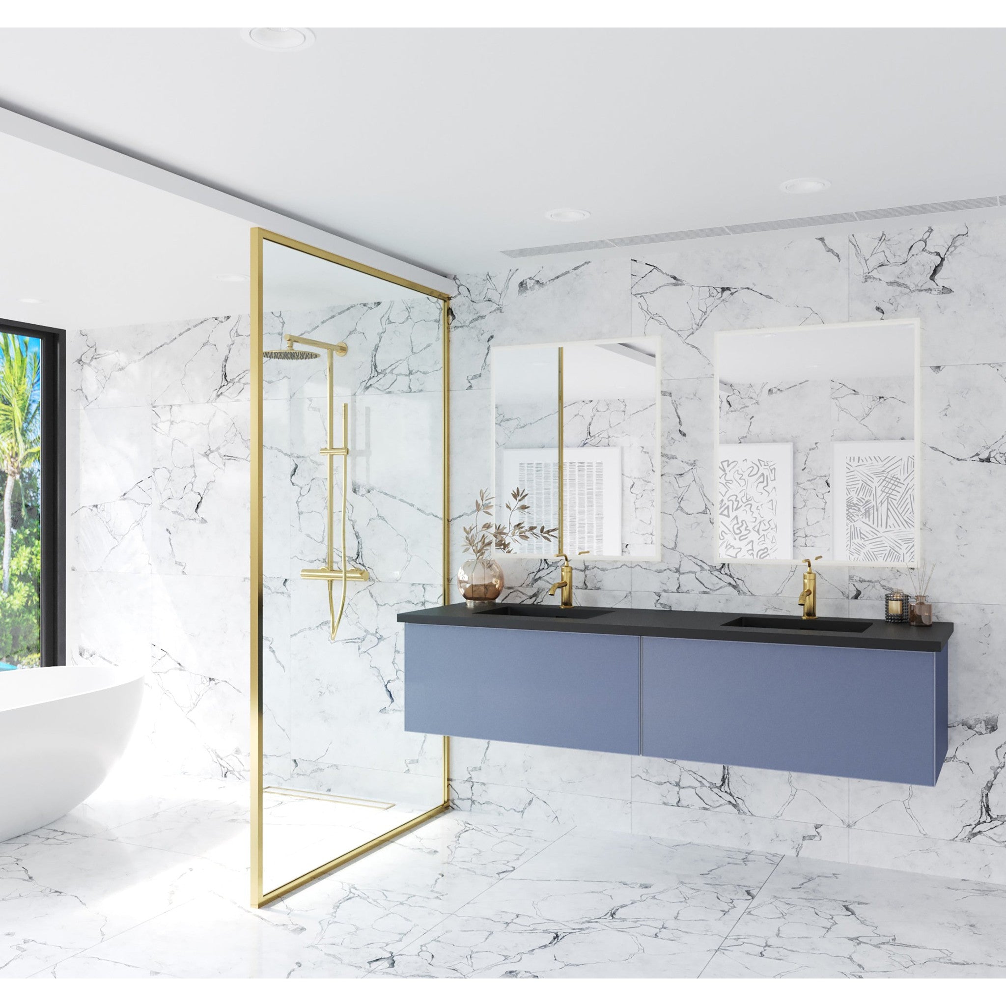 Vitri 72" Nautical Blue Double Sink Bathroom Vanity with VIVA Stone Matte Black Solid Surface Countertop