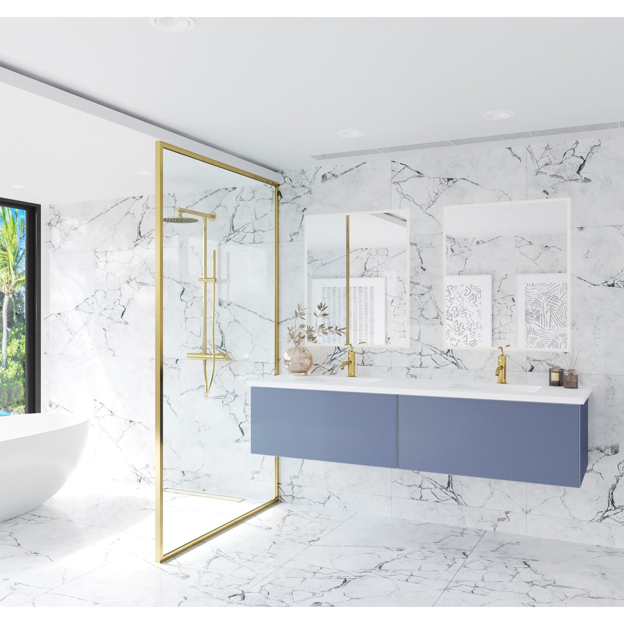 Vitri 72" Nautical Blue Double Sink Bathroom Vanity with VIVA Stone Matte White Solid Surface Countertop