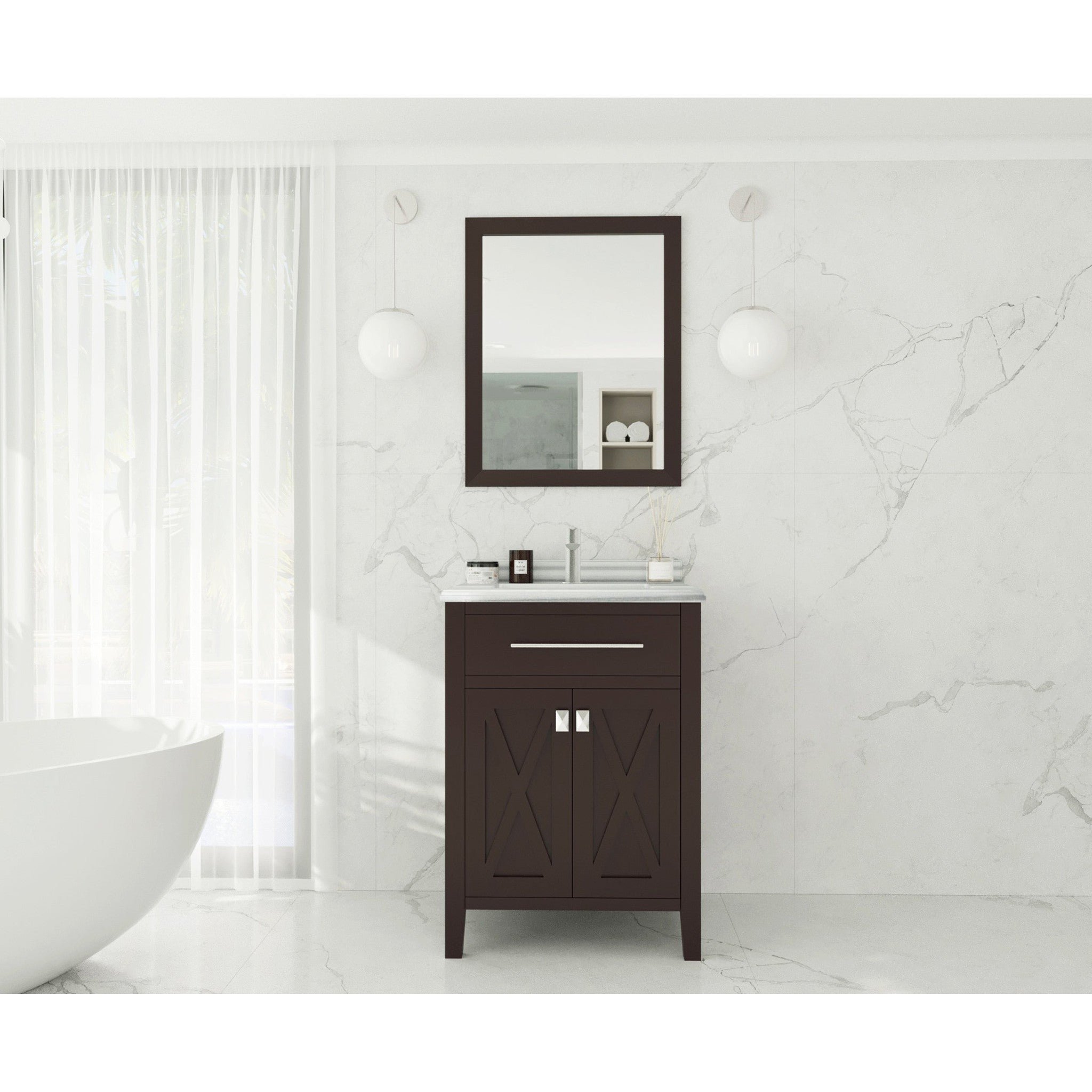 Wimbledon 24" Brown Bathroom Vanity with White Stripes Marble Countertop