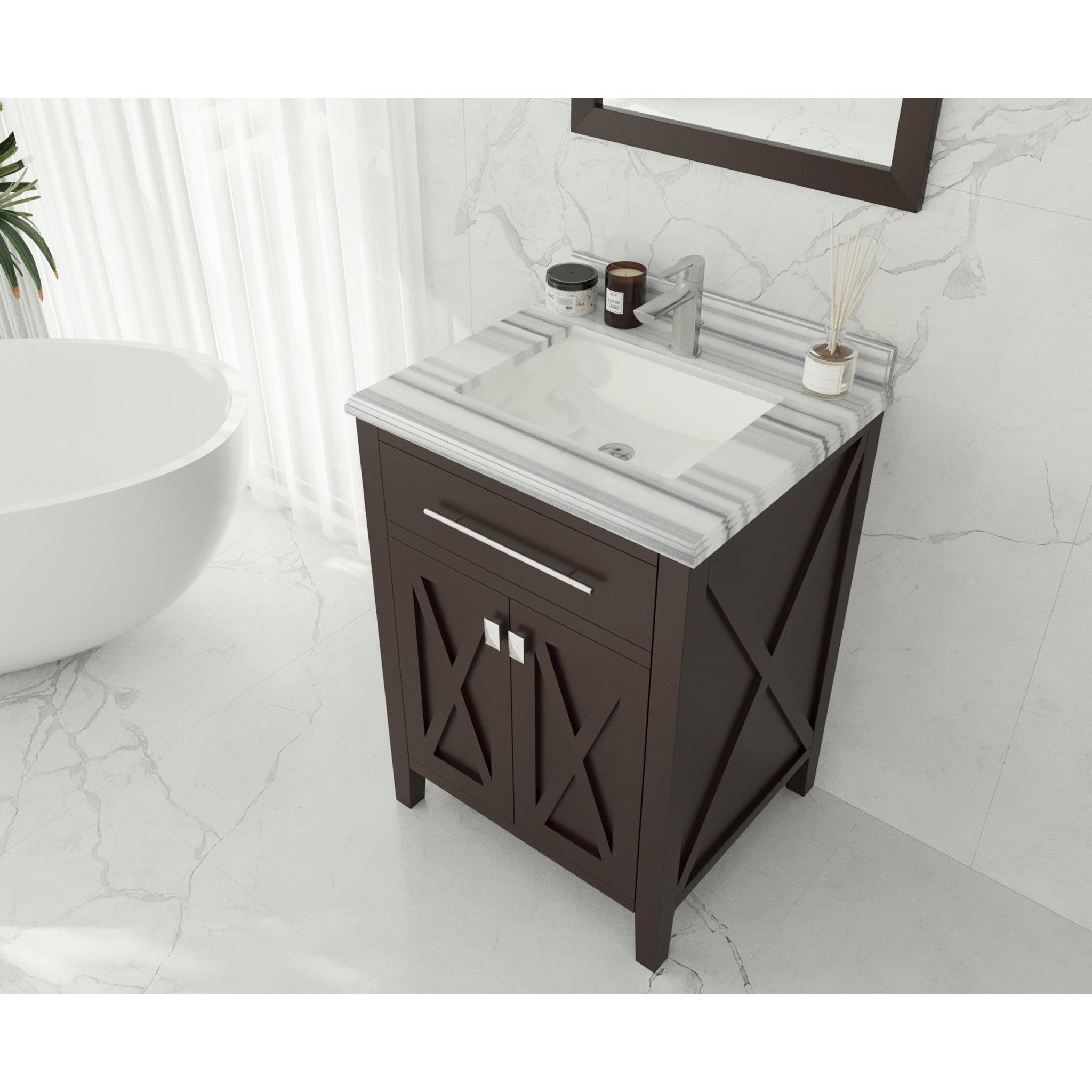 Wimbledon 24" Brown Bathroom Vanity with White Stripes Marble Countertop