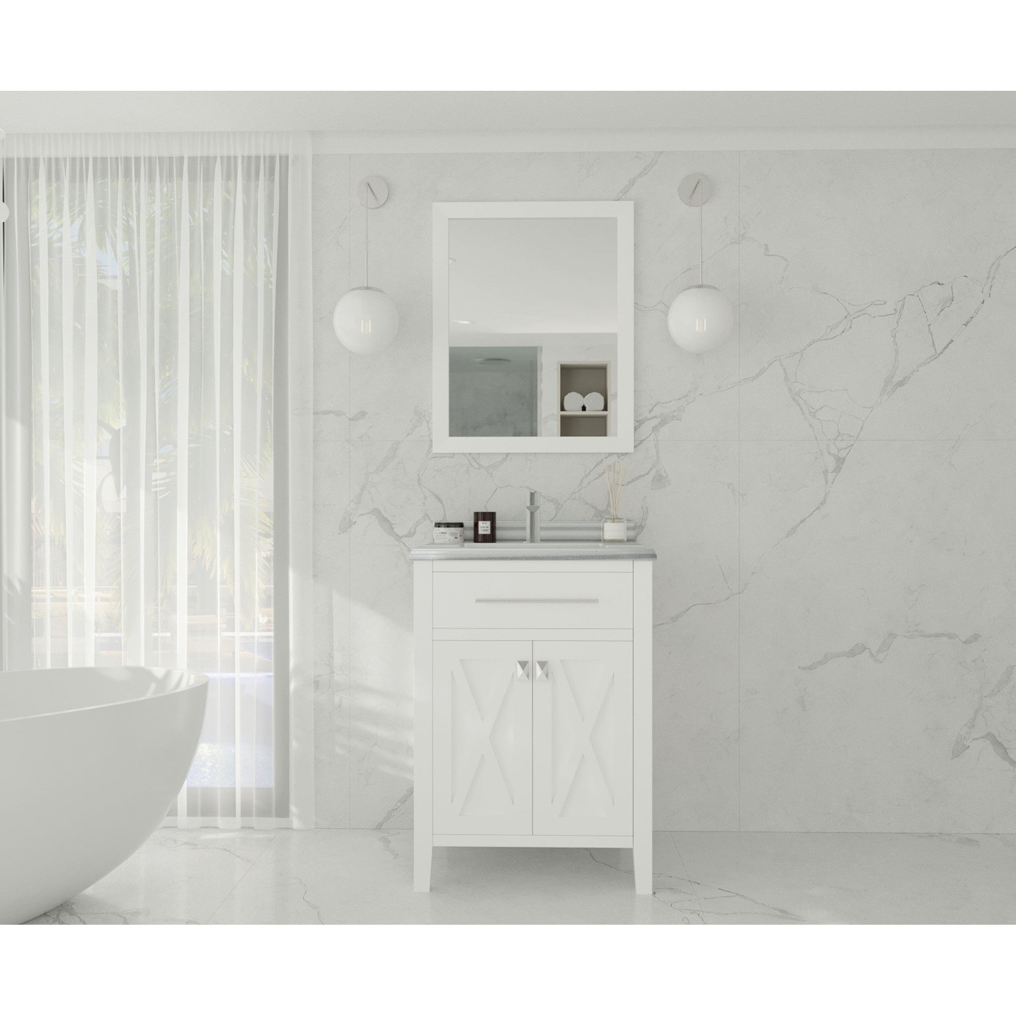Wimbledon 24" White Bathroom Vanity with White Stripes Marble Countertop