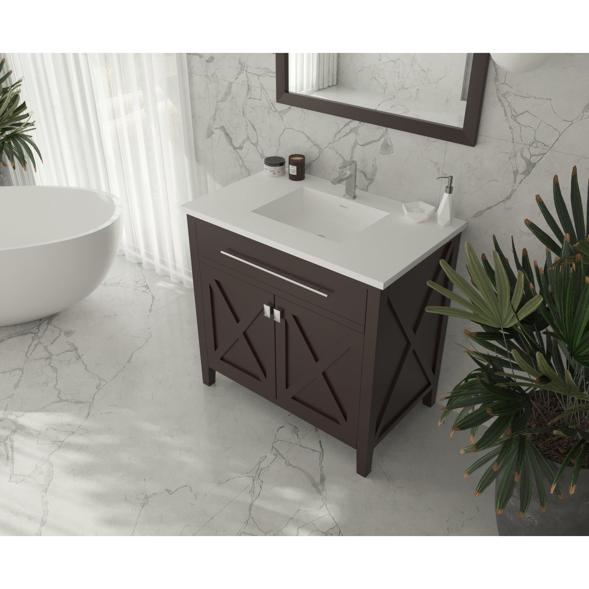 Wimbledon 36" Brown Bathroom Vanity with Matte White VIVA Stone Solid Surface Countertop