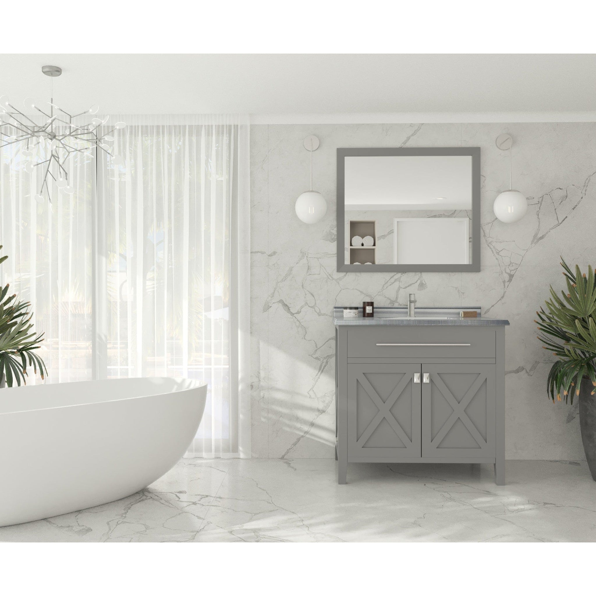 Wimbledon 36" Grey Bathroom Vanity with White Stripes Marble Countertop