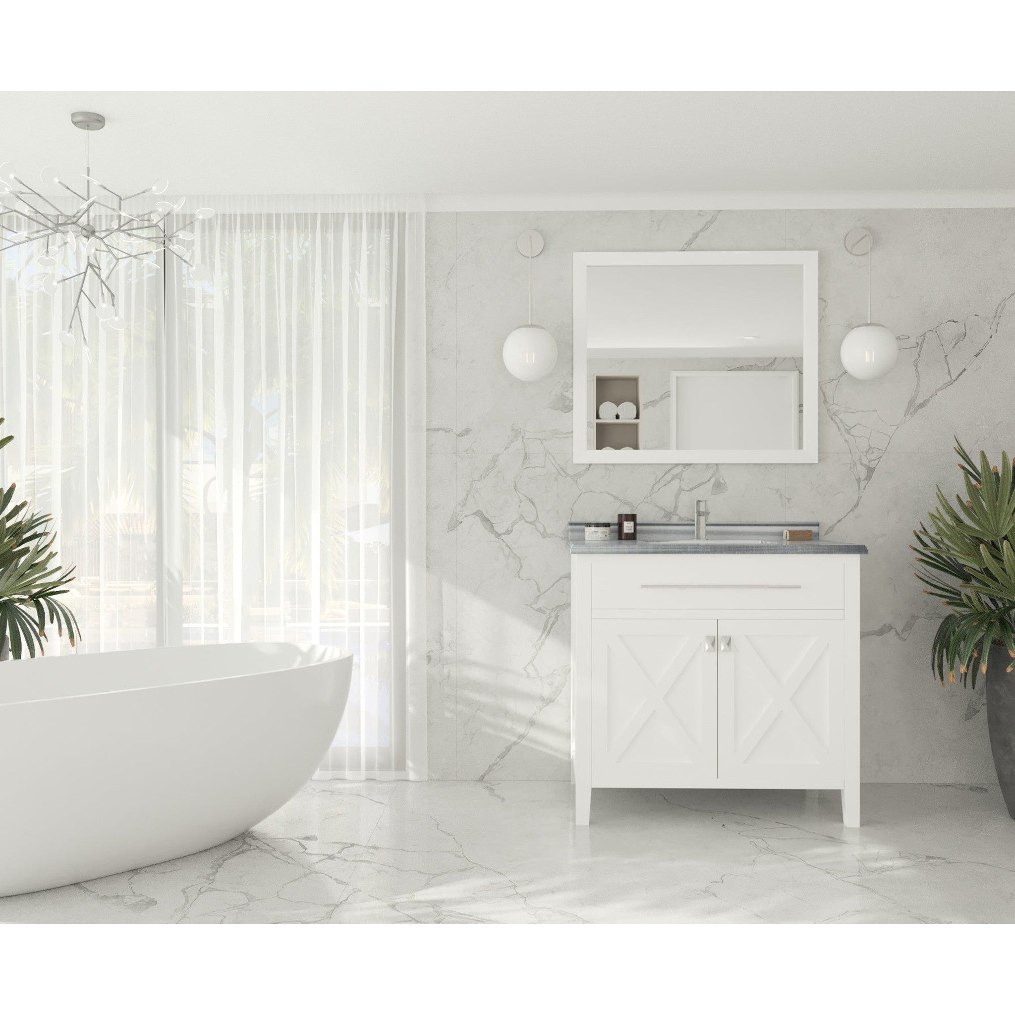 Wimbledon 36" White Bathroom Vanity with White Stripes Marble Countertop