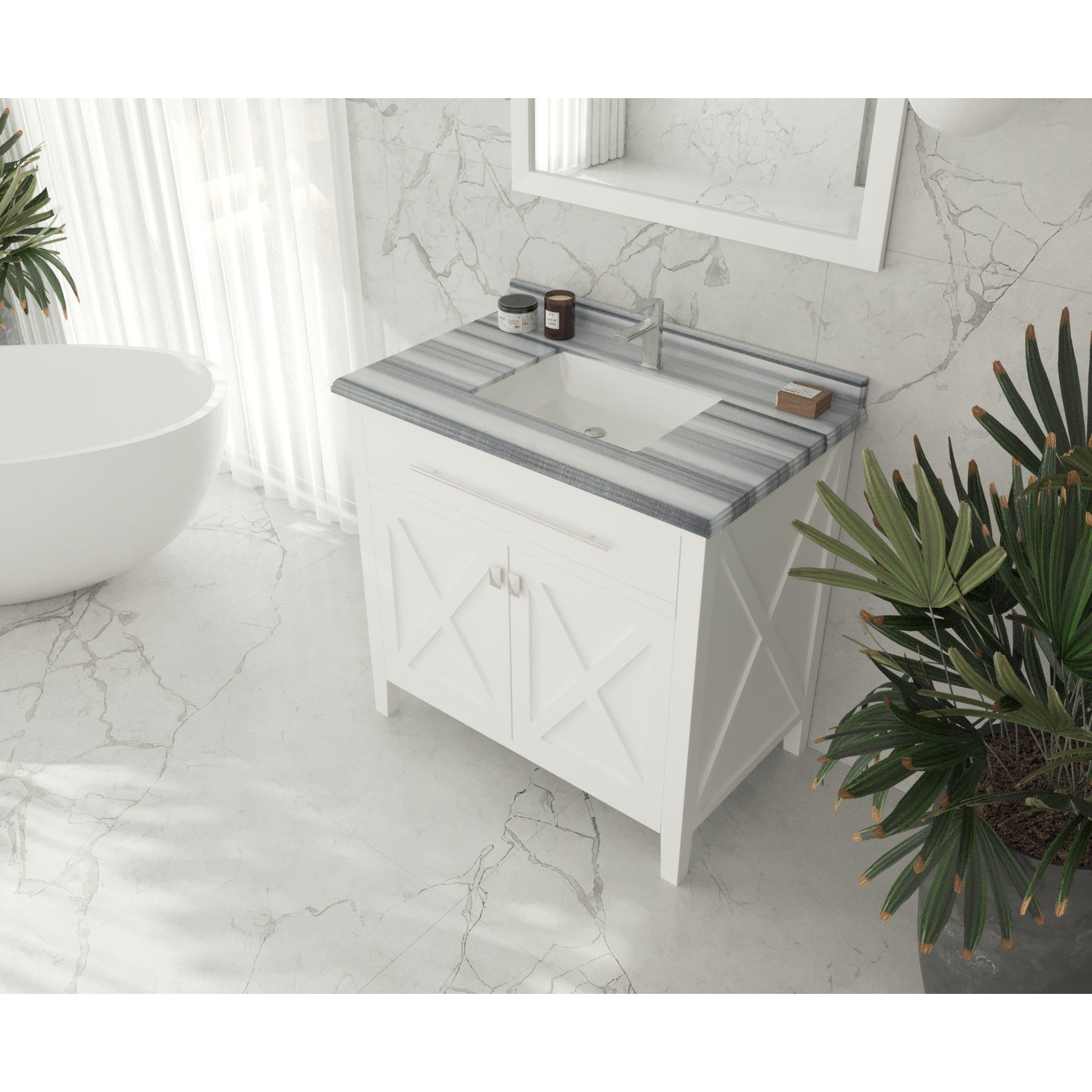 Wimbledon 36" White Bathroom Vanity with White Stripes Marble Countertop