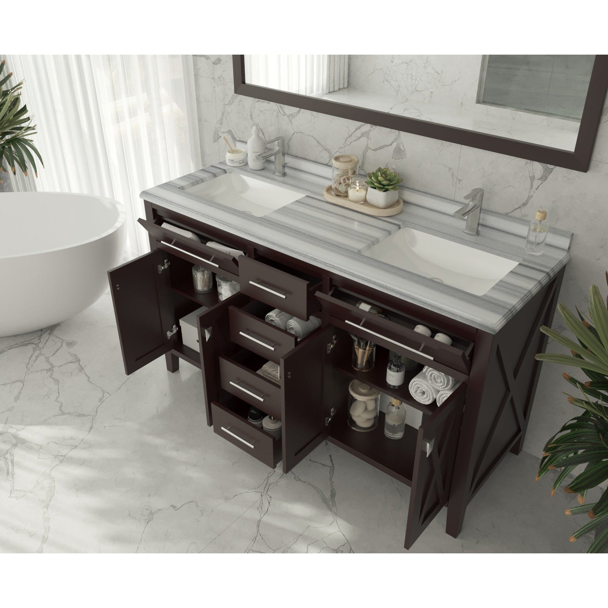 Wimbledon 60" Brown Double Sink Bathroom Vanity with White Stripes Marble Countertop