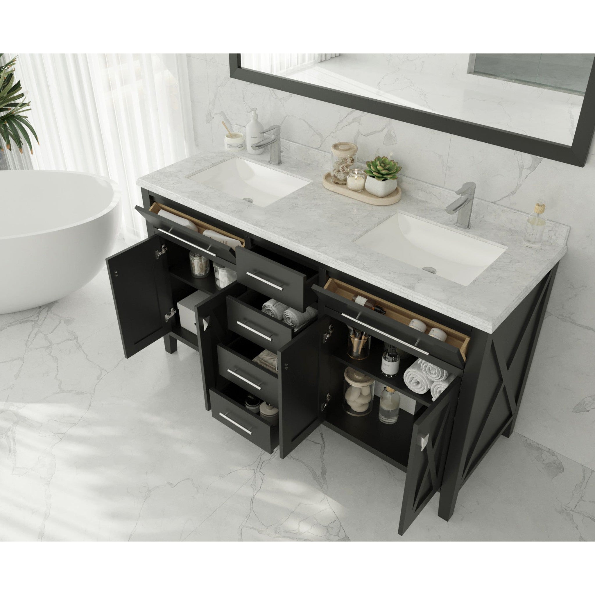 Wimbledon 60" Espresso Double Sink Bathroom Vanity with White Carrara Marble Countertop