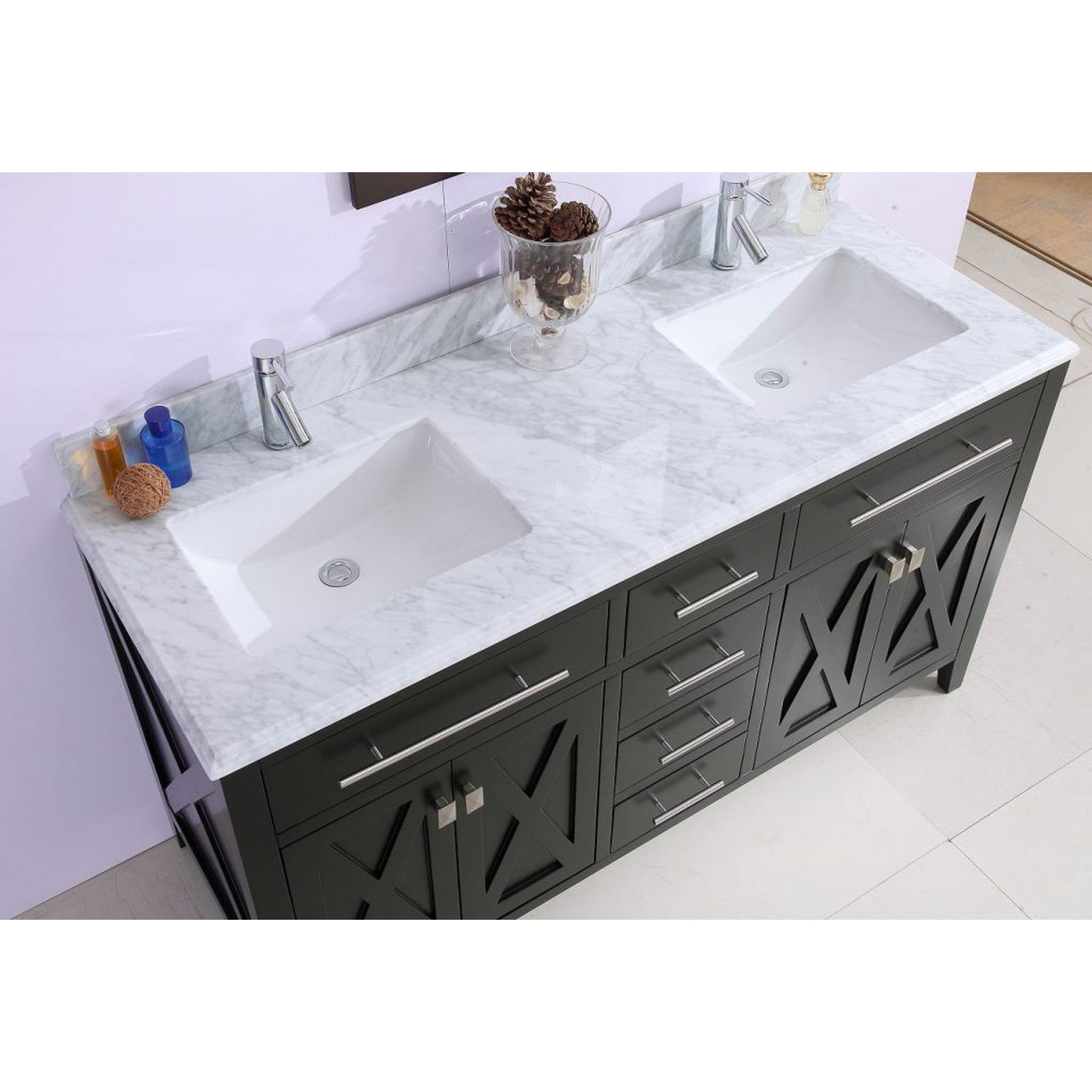 Wimbledon 60" Espresso Double Sink Bathroom Vanity with White Carrara Marble Countertop
