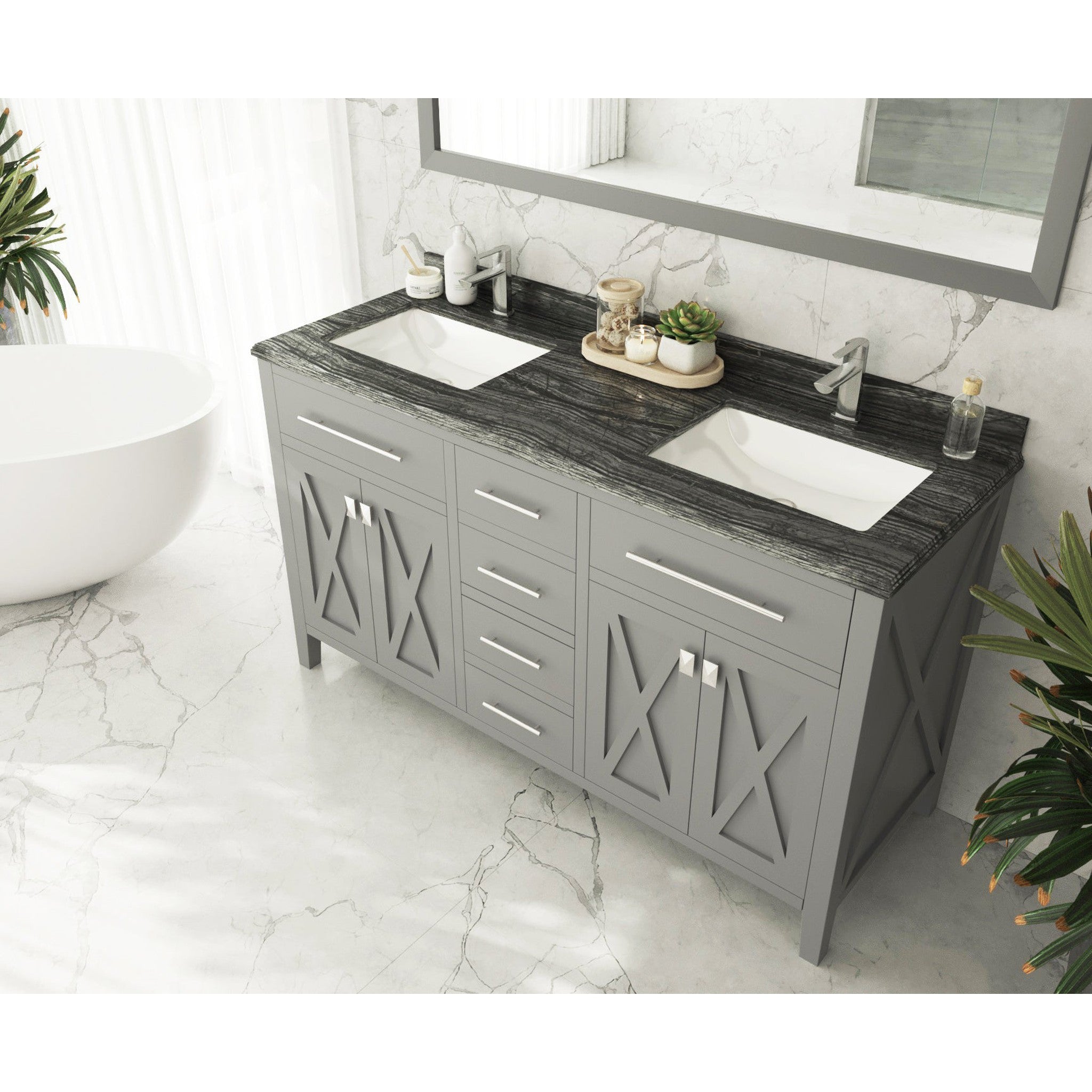 Wimbledon 60" Grey Double Sink Bathroom Vanity with Black Wood Marble Countertop