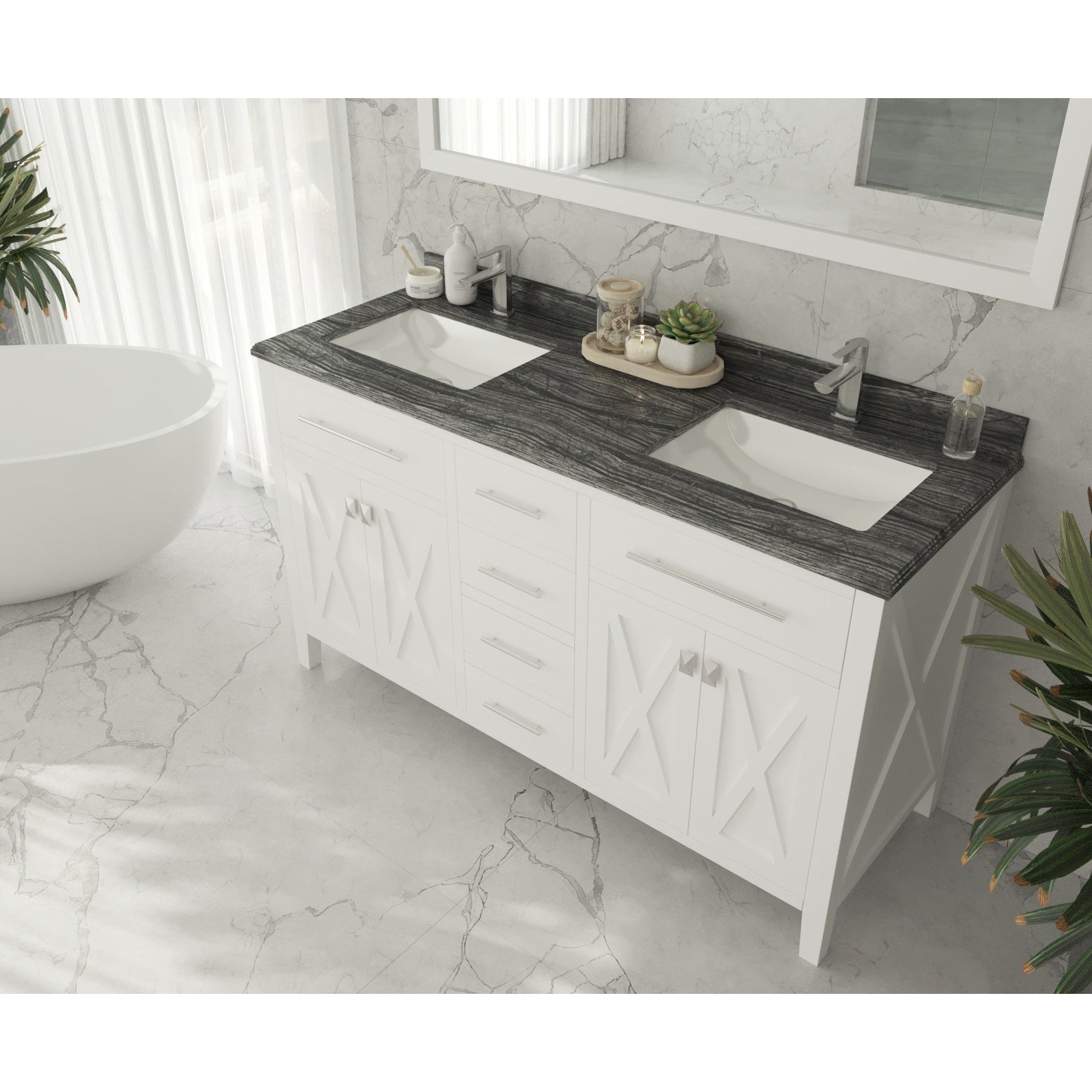 Wimbledon 60" White Double Sink Bathroom Vanity with Black Wood Marble Countertop
