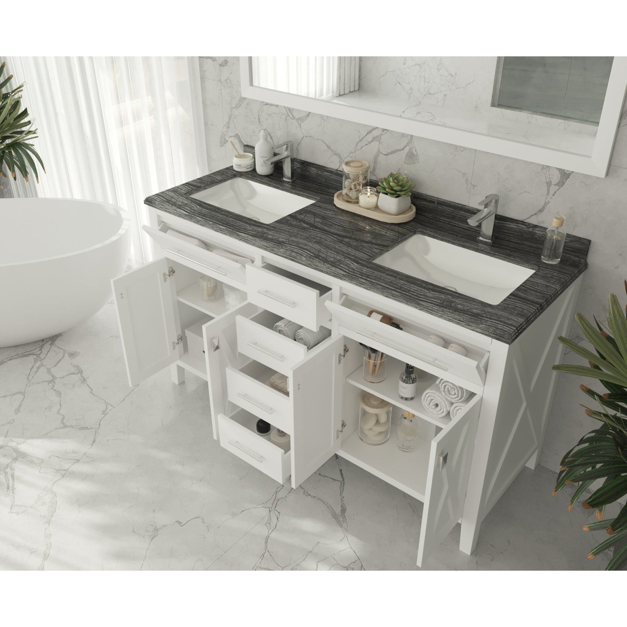 Wimbledon 60" White Double Sink Bathroom Vanity with Black Wood Marble Countertop