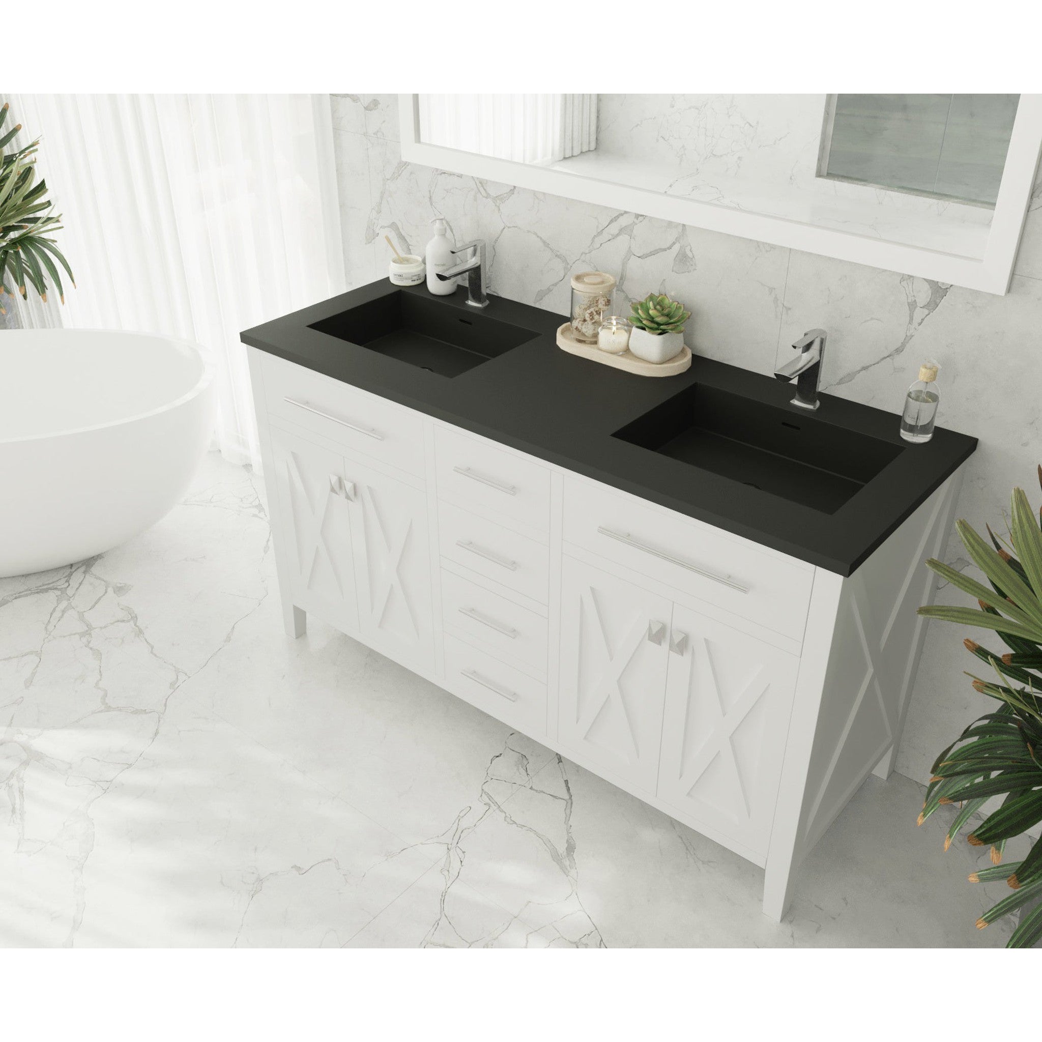 Wimbledon 60" White Double Sink Bathroom Vanity with Matte Black VIVA Stone Solid Surface Countertop